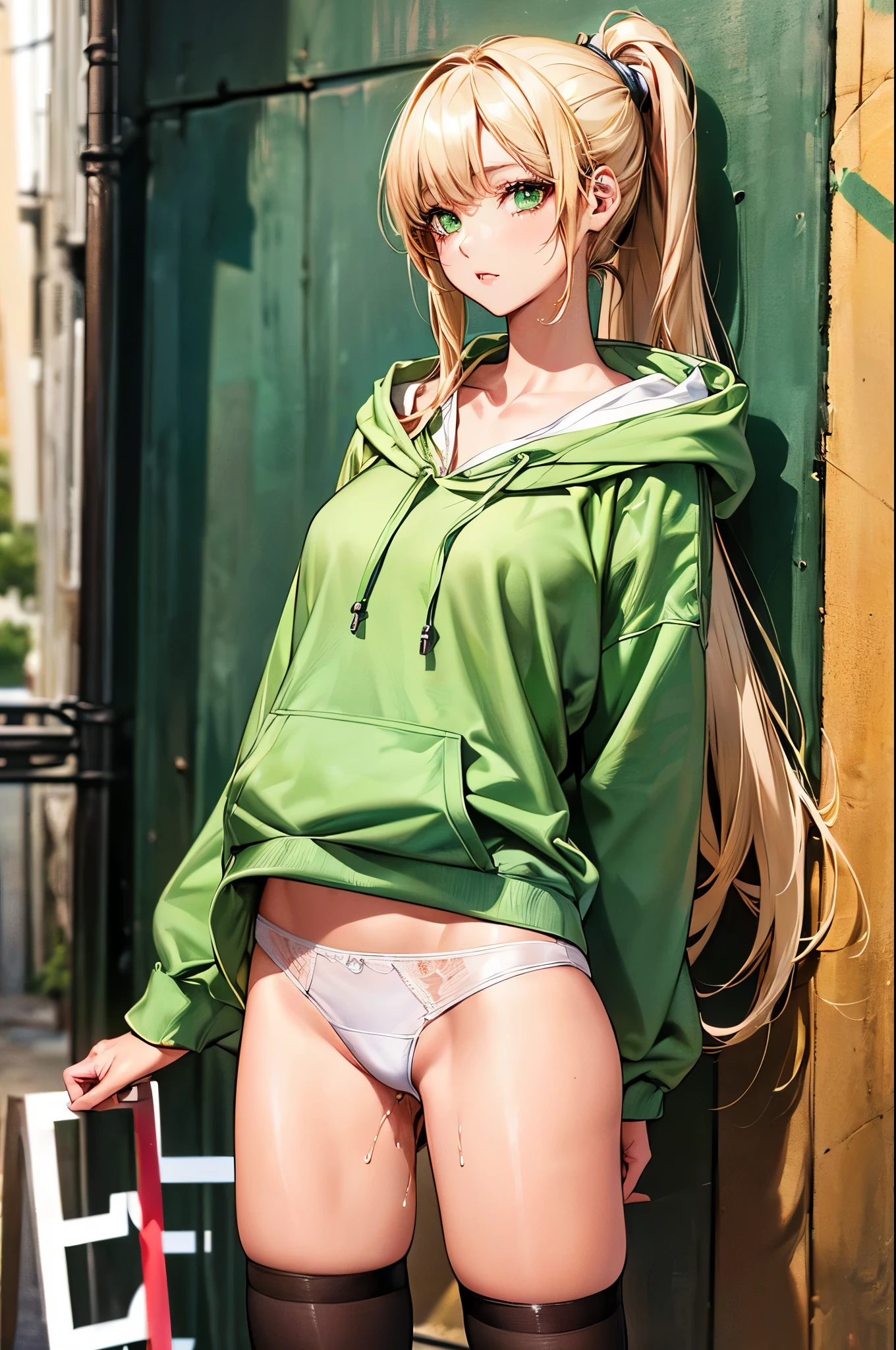 ((perfect anatomy:1.5,realistic,:1.3,RAW Photography:1.3,masterpiece、highest quality、Ultra - High resolution、High resolution、Highly detailed CG、8K)),cowboy shot,1 female,solo,20 year old beauty,(beautiful detailed face and eyes,big and gorgeous eyes),light green eyes,(blonde hair,ponytail hair,long hair,bangs),(medium breasts,slender body,small head,skinny, gleaming skin,oily skin,shiny skin)、arms behind back,turn toward the viewer,((light green hooded sweatshirt,Oversized hooded sweatshirt,white_thighhighs,white panties,love juice)),back alley、A deserted, deserted back alley,Graffiti art、Tokyo、