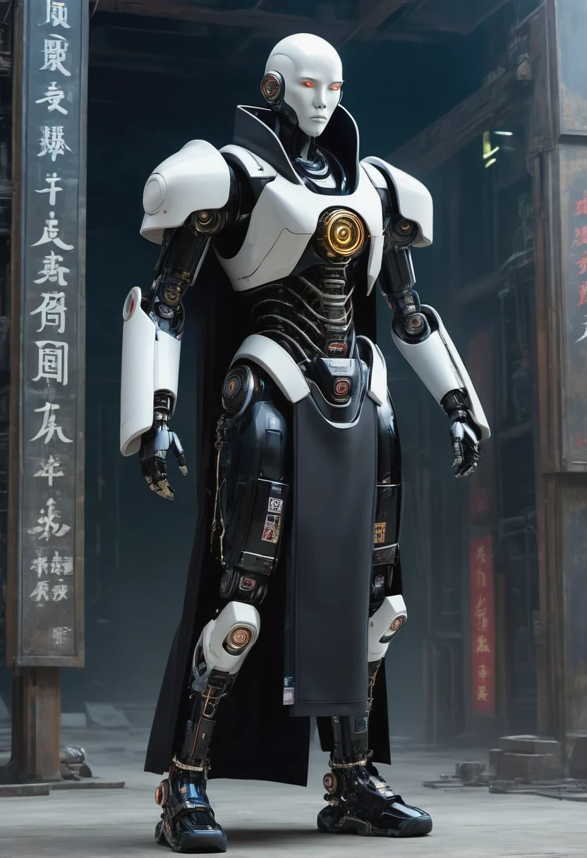 ((imagine)),((whole body)),Chinese monk, wearing black robe,Robot arms and legs,手持电动步枪的cyberpunk僧侣,Standing in a deserted place,white socks,mechanical ceramic shoes ,in the style of futuristic,cyberpunk,high detail