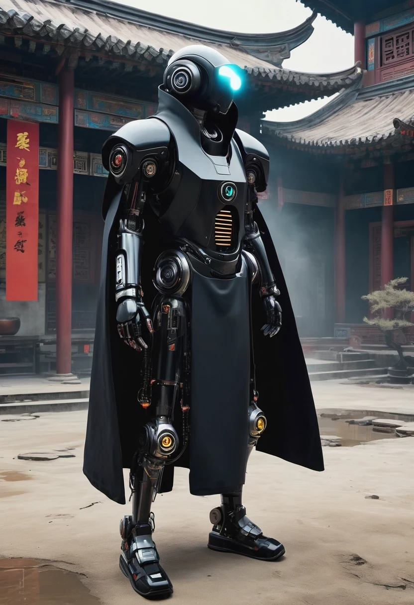 ((imagine)),((whole body)),Chinese monk, wearing black robe,Robot arms and legs,手持电动步枪的cyberpunk僧侣,Standing in a deserted place,white socks,mechanical ceramic shoes ,in the style of futuristic,cyberpunk,high detail