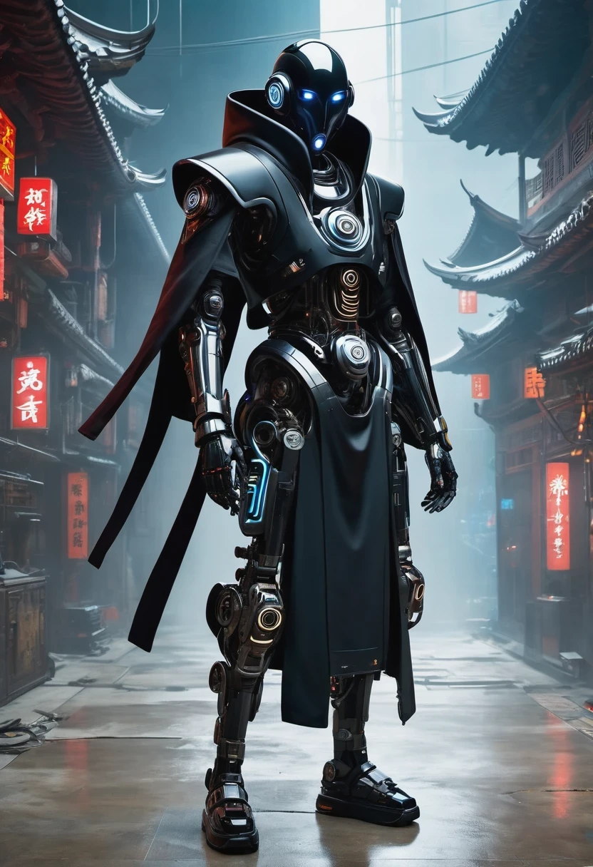 ((imagine))，((whole body))，Chinese monk, wearing black robe，Robot arms and legs，手持电动步枪的cyberpunk僧侣，Standing in a deserted place，white socks，mechanical ceramic shoes ，in the style of futuristic，cyberpunk，high detail