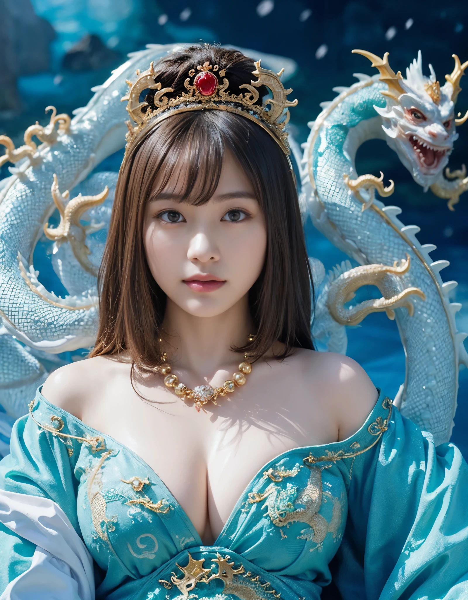 (very heavy chest)、highest quality、masterpiece、ultra high resolution、(ice dragon armor)、(((Metal製))),(((big breasts)))、(((黄colorのマイクロビキニ))),(she wears a beautiful crown made of precious stones.),(Photoreal:1.4)、Raw photo、1 girl、(((random hair))、(((color々take a pose)))、glowing skin、(((water chinese dragon)))、intricate and gorgeous hair ornaments、(looks like a gorgeous necklace)、(someone who looks at you calmly, Eyes like a goddess.)happiness:1.2).((beautiful sea background))、cliff、(ruins background)、((Super realistic details))、portrait、global illumination、(sexy pose)、Shadow、octane rendering、16k、big breasts、Raw skin exposed in the cleavage、Metal、intricate decorative details、Japan details、very intricate details、realistic light、CG Society Trenlow Eyes、Eyes shining towards the camera、()、(((heavy big))),Shining eyes shine、armpit、24k,ice effect、that'It's snowing、