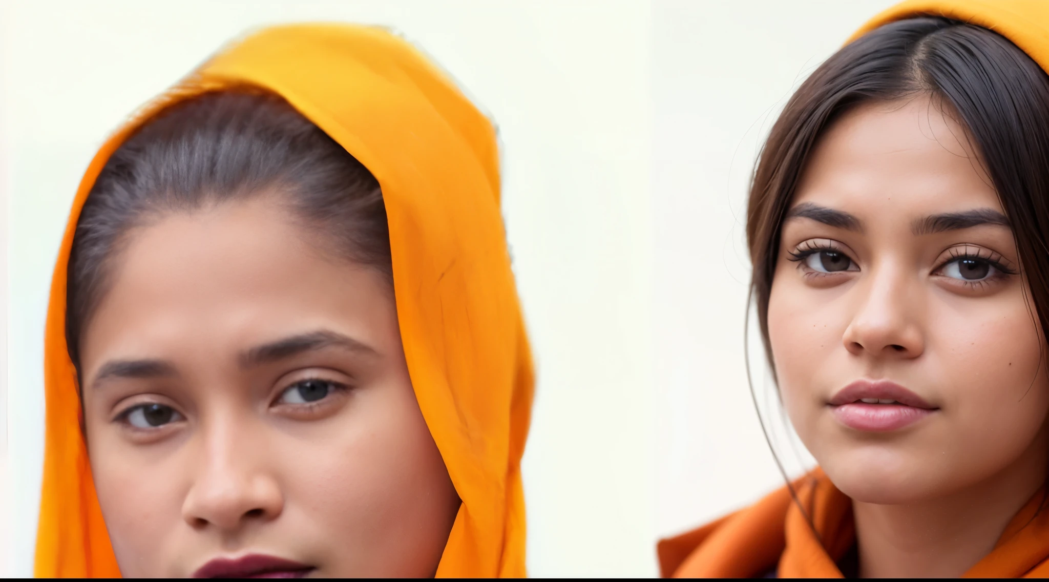 arafed woman in a yellow scarf and orange head scarf, photo of a woman, close - up portrait shot, photo of young woman, color portrait, closeup portrait shot, close up potrait, photo of a beautiful woman, close up portrait shot, south east asian with round face, indian girl with brown skin, close up portrait photo, young woman, potrait