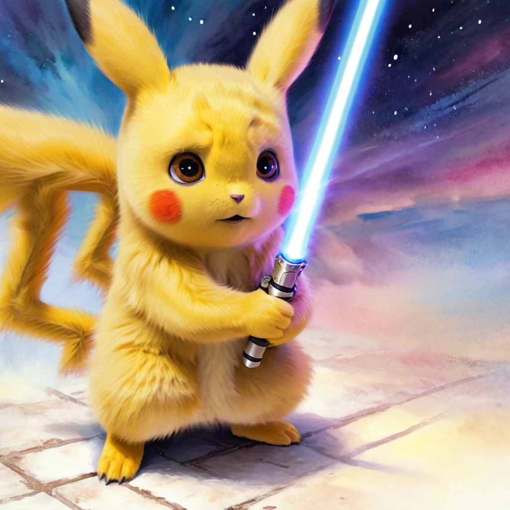 PIKACHU like a Jedi with a lightsaber, PIKACHU holding a lightsaber with both hands, delicate, impressionistic, bright, vivid, colorful, highly detailed, magnificent, heavenly, ethereal, ethereal, celestial, painterly, wonderful, magnificent, magical, fantasy art, Cover art, dreamy, watercolor ethereal fantasy concept art.