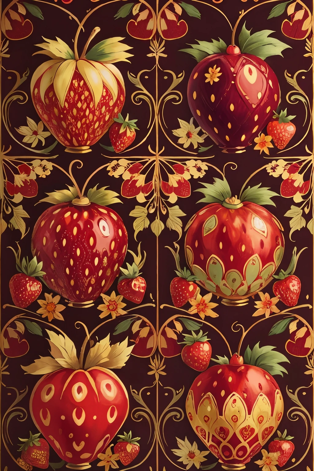 Title: Autumn Bliss - Traditional Strawberry Thief Wallpaper Pattern

Description:
Embrace the charm of traditional craftsmanship with this intricately detailed wallpaper design, reminiscent of the classic Strawberry Thief motif. Featuring an array of vivid autumn hues, the richly textured pattern unfolds in the style of an exquisitely woven tapestry.

As if plucked straight from a rural English garden, the design showcases an assemblage of spray-painted strawberries, accompanied by the questing quills of curious hedgehogs. Each element is meticulously drawn, with traditional techniques applied to instill a sense