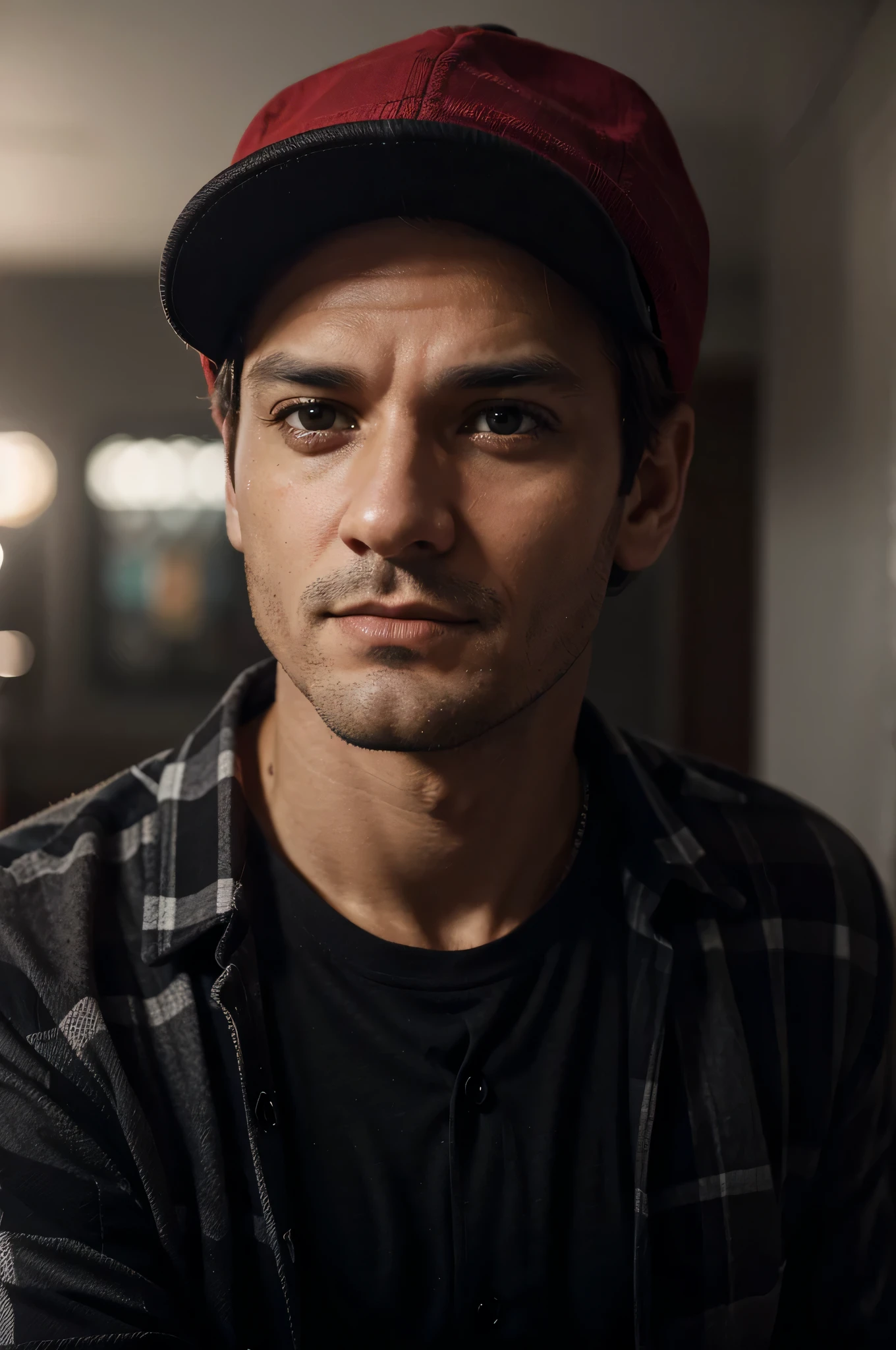 Anthony homem branco lavrador de 35 anos de idade, 
tired face looking at the camera wearing a black plaid shirt and red cap, late afternoon,
imagem realista,  cinematica 8k