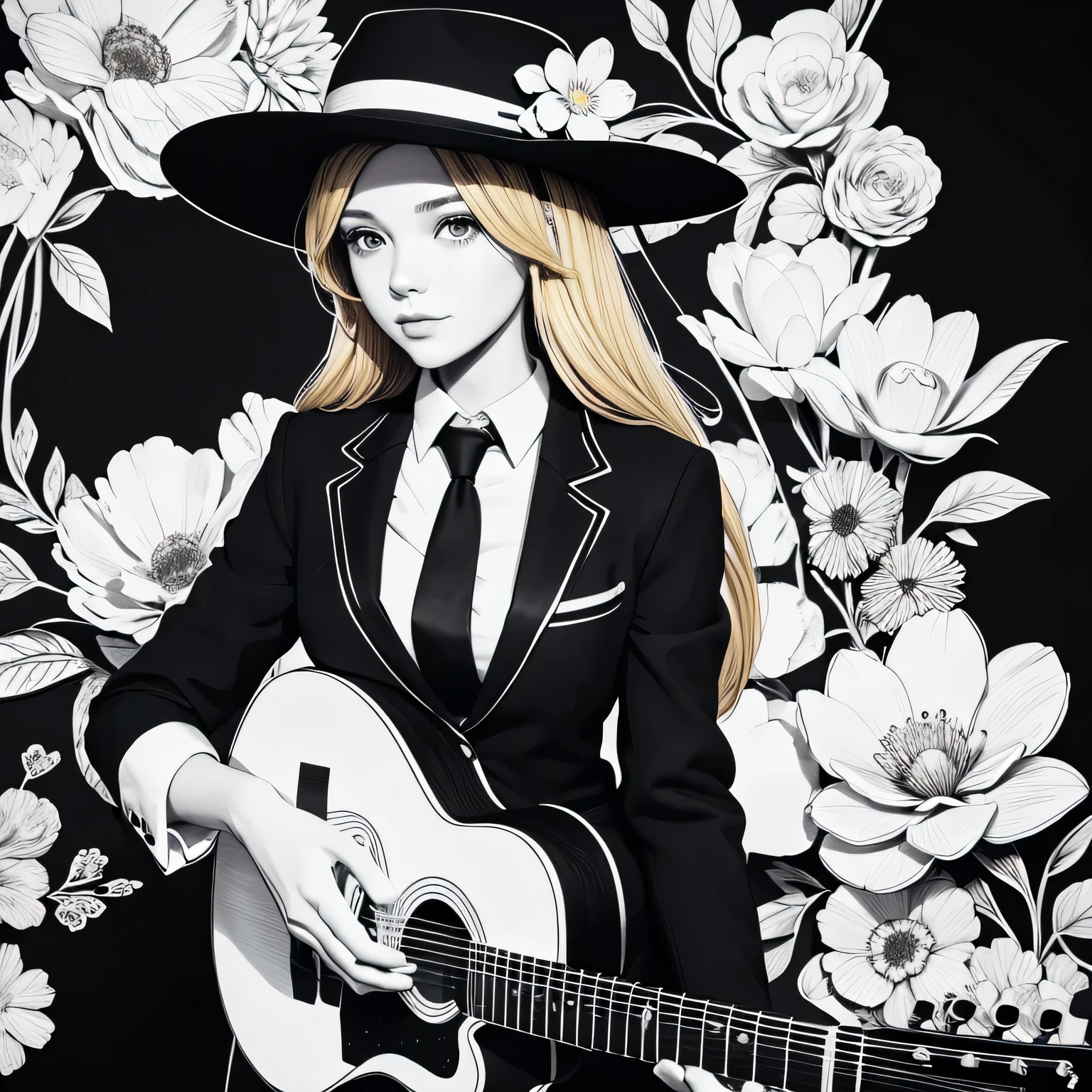 Black and white stick figure 1 girl with flowers, lots of flowers in background, in Office Suit, its fine ink line art, comic style, wide shot of blonde girl, wearing fedora hat, holding a guitar, beautiful line art, black and white comic style, pencil and ink caricature drawing, black and white coloring