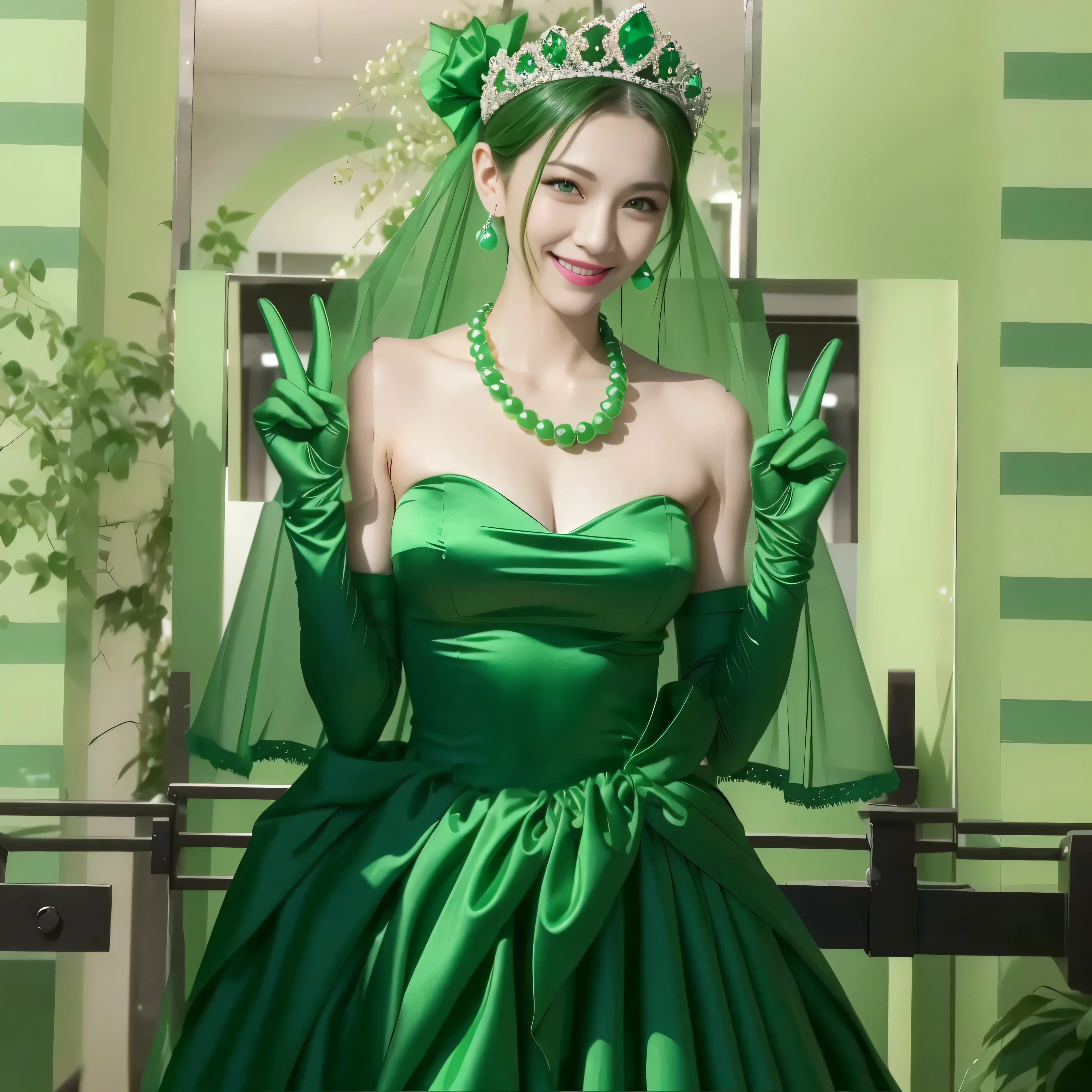 emerald tiara, green pearl necklace, Boyish green berry short hair, lipstick, Smiling Japan woman, very short hair, big breasts beautiful, green eyes, Green long gloves made of satin material, green eyes, V sign, emerald earrings, 30 generation women