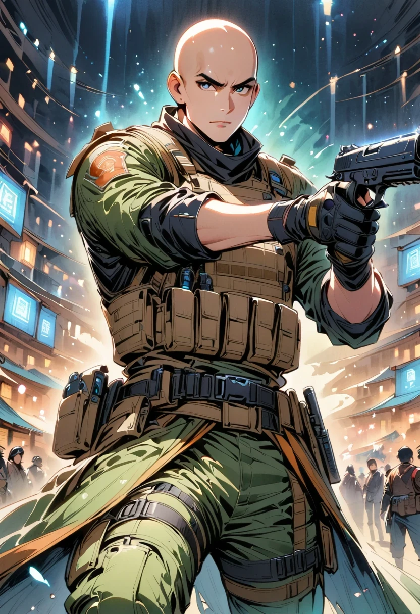 Detailed cowboy shot depicting anime style standing chinese monk. He is wearing black gloves,(bald:1.5), Dressed in tactical equipment, His hands hold the gun confidently,Directly to the audience, his eyes full of focus. His costume includes green boots, The scene is illuminated by blue lights, Create a dreamy atmosphere. The image should capture the intricate details of his clothing and expressions, Emphasis on the energetic nature of the samurai、ferocious character. The style is comic watercolor, very exciting, Blending realism with fantasy.