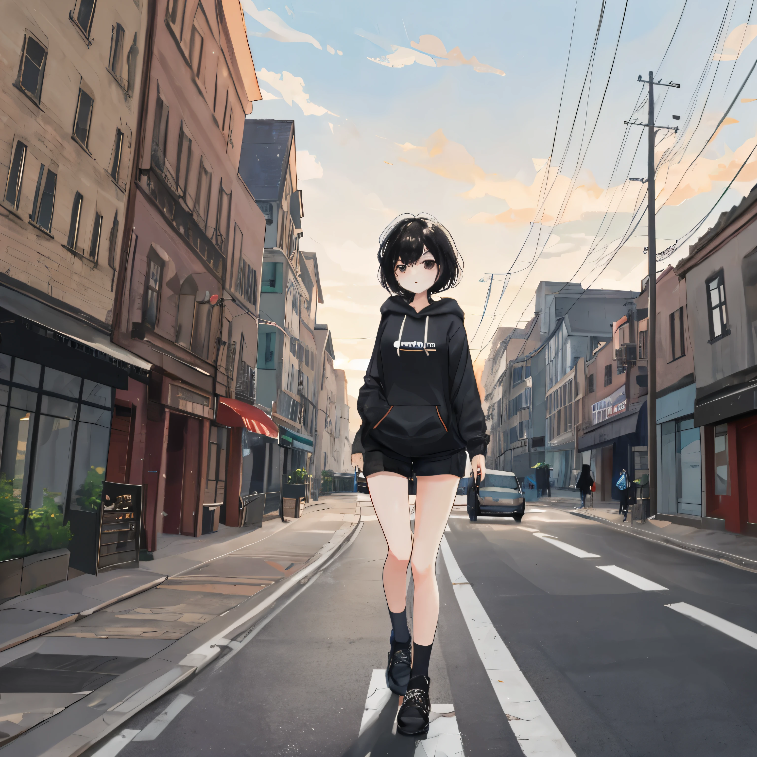
Walking through the city Buildings are lined up An indescribable expression Walking along the city sidewalk Misty Cute Short black hair Black eyes Thighs Beautiful legs Long sleeve hoodie Short pants Midnight 