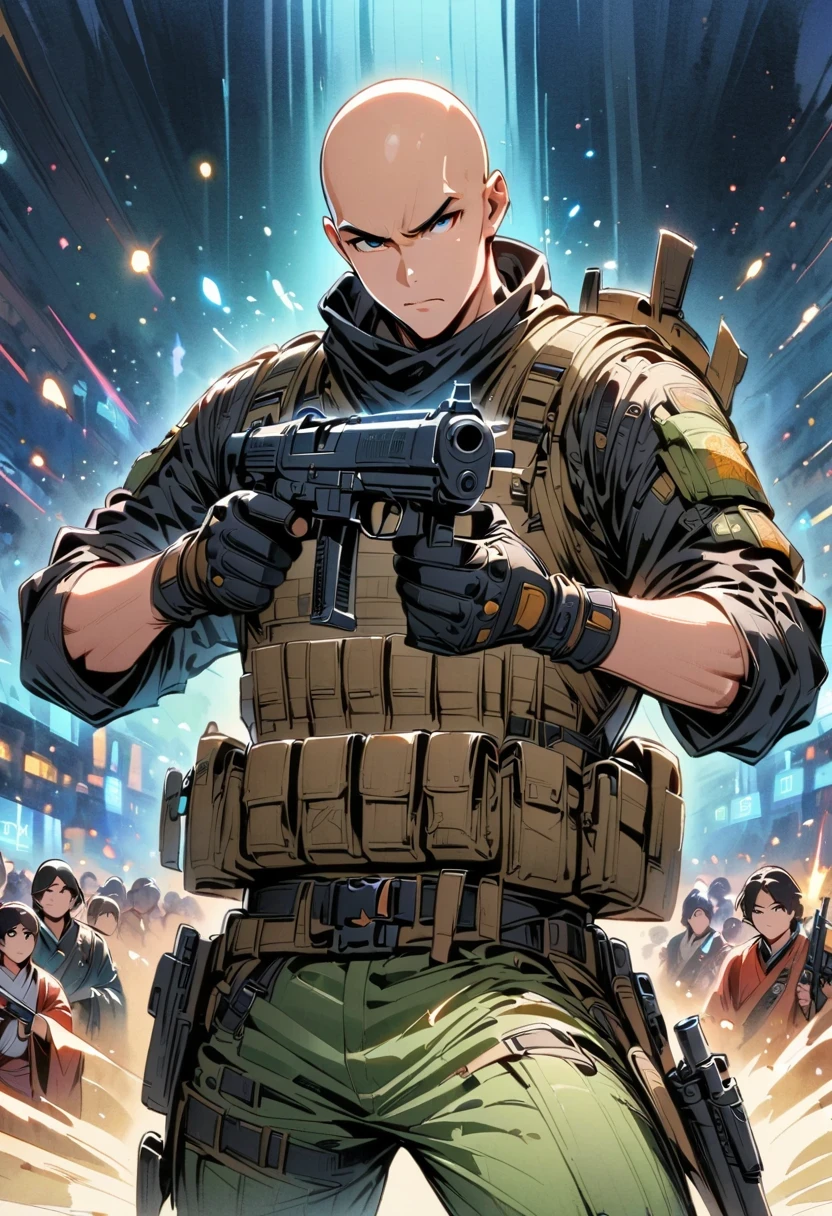 Detailed cowboy shot depicting anime style standing chinese monk. He is wearing black gloves，(bald:1.5), Dressed in tactical equipment, His hands hold the gun confidently，Directly to the audience, his eyes full of focus. His costume includes green boots, The scene is illuminated by blue lights, Create a dreamy atmosphere. The image should capture the intricate details of his clothing and expressions, Emphasis on the energetic nature of the samurai、ferocious character. The style is comic watercolor, very exciting, Blending realism with fantasy.