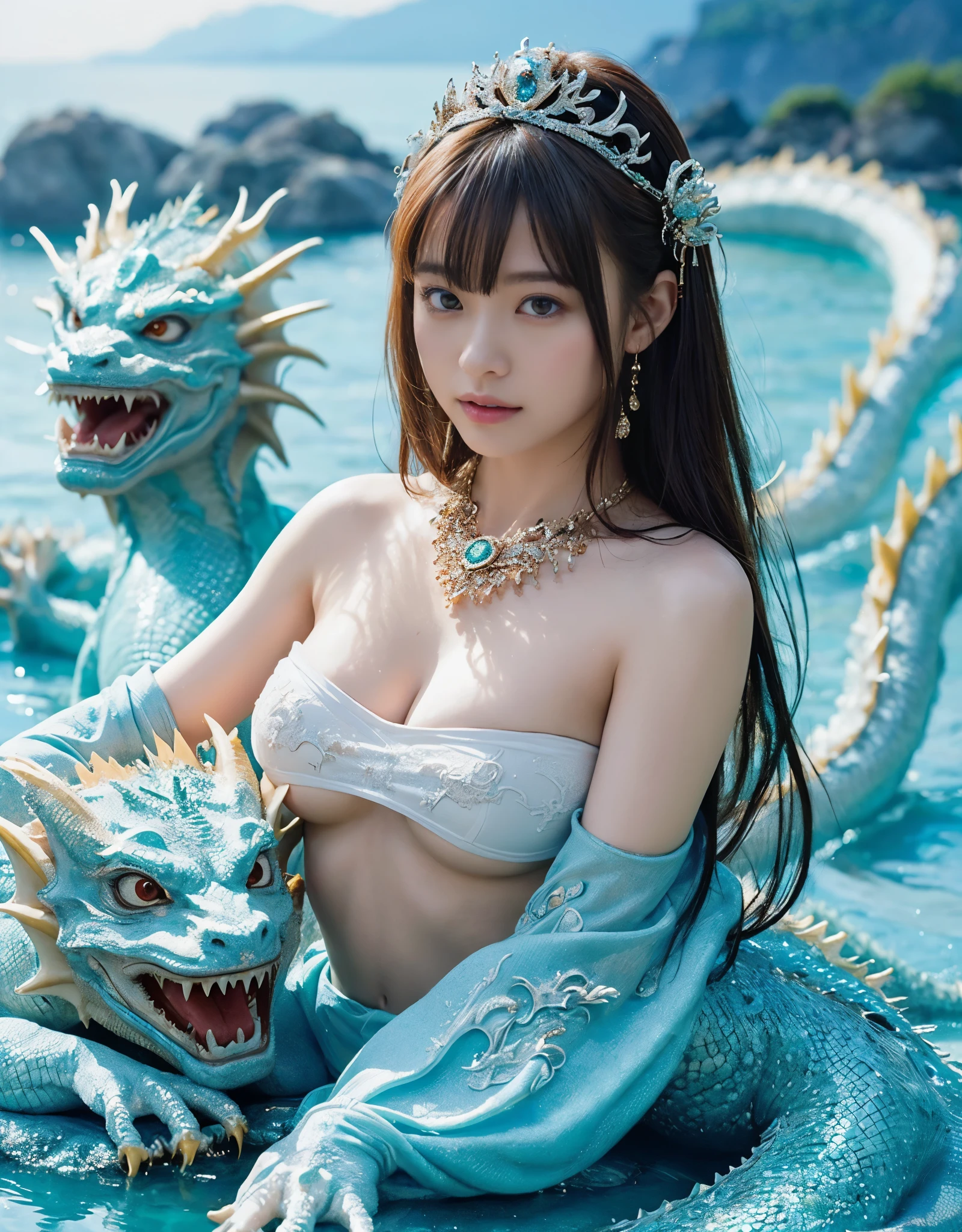 (very heavy chest)、highest quality、masterpiece、ultra high resolution、（ice dragon armor）、(((Metal製))),(((big breasts)))、(((黄colorのマイクロビキニ))),(she wears a beautiful crown made of precious stones.),(Photoreal:1.4)、Raw photo、1 girl、(((random hair))、(((color々take a pose)))、glowing skin、(((water chinese dragon)))、intricate and gorgeous hair ornaments、（looks like a gorgeous necklace）、（someone who looks at you calmly, Eyes like a goddess.）happiness:1.2).((beautiful sea background))、cliff、(ruins background)、((Super realistic details))、portrait、global illumination、（sexy pose）、Shadow、octane rendering、16k、big breasts、Raw skin exposed in the cleavage、Metal、intricate decorative details、Japan details、very intricate details、realistic light、CG Society Trenlow Eyes、Eyes shining towards the camera、（）、(((heavy big))),Shining eyes shine、armpit、24k,ice effect、that&#39;It&#39;s snowing、