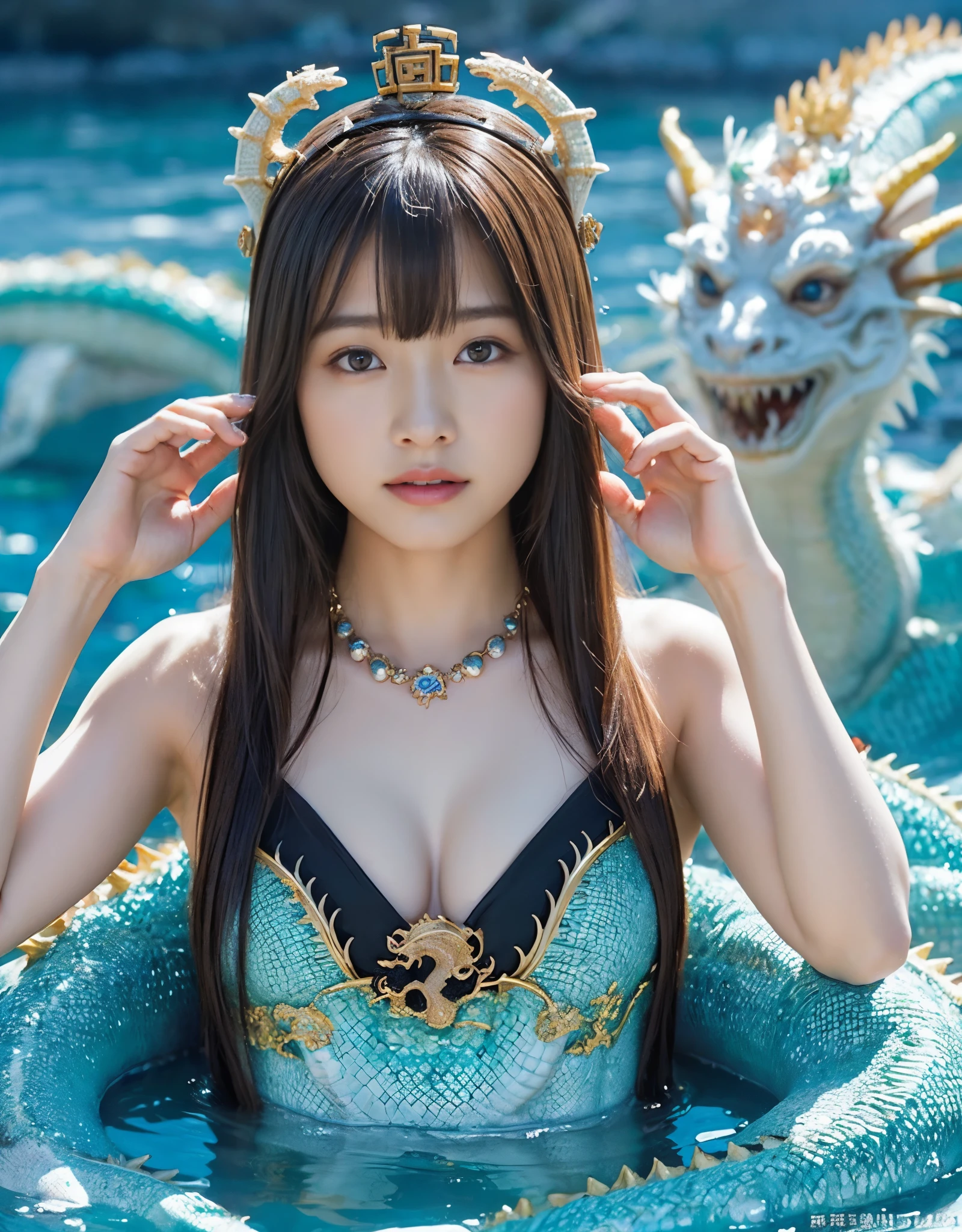 (heavy breasts)、top-quality、​masterpiece、超A high resolution、（White Dragon Armor）、(((made of metal))),(((Colossal tits)))、(((Detailed Micro Bikini))),(Wearing a beautiful crown made of jewels),(Photorealsitic:1.4)、Raw photo、女の子1人、(((Random hair))、(((Take different poses)))、glowy skin、(((Chinese Dragon)))、Intricate and ornate hair ornaments、（Gorgeous Jewelry Necklaces）、（Mystical expression）、（A person who sees with calm and goddess-like eyes）Happiness:1.2)、（Metal bikini）、((sea the background of)).((Beautiful coral and sea background))、Precipitous cliffs、(ruins background)、((super realistic details))、portlate、globalillumination、（sexypose）、Shadow、octan render、8K、Colossal tits、Raw skin is exposed in cleavage、metals、Details of complex ornaments、Japan details、highly intricate detail、Realistic light、CGSoation Trends、Blue eyes、radiant eyes、Facing the camera、Toostock、（veils）、(((Heavy Big))),Shining eyes shine、Armpit、