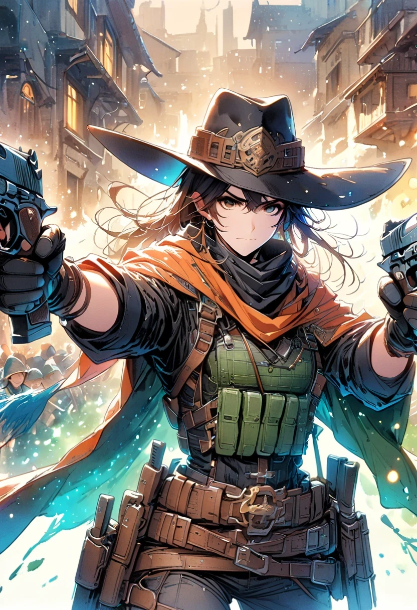 Detailed cowboy shot depicting anime style standing chinese monk. He is wearing black gloves,(bald:1.5), Wearing a Hanfu robe, His hands hold the gun confidently,Directly to the audience, his eyes full of focus. His costume includes green boots, The scene is illuminated by blue lights, Create a dreamy atmosphere. The image should capture the intricate details of his robes and expression, Emphasize that monks are energetic、Passionate character. The style is comic watercolor, very exciting, Blending realism with fantasy.
