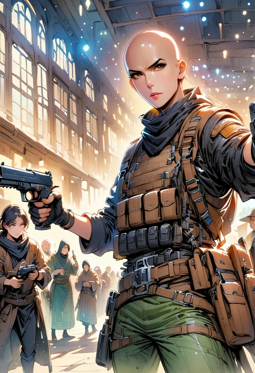 Detailed cowboy shot depicting anime style standing chinese monk. He is wearing black gloves,(bald:1.5), Wearing a Hanfu robe, His hands hold the gun confidently,Directly to the audience, his eyes full of focus. His costume includes green boots, The scene is illuminated by blue lights, Create a dreamy atmosphere. The image should capture the intricate details of his robes and expression, Emphasize that monks are energetic、Passionate character. The style is comic watercolor, very exciting, Blending realism with fantasy.