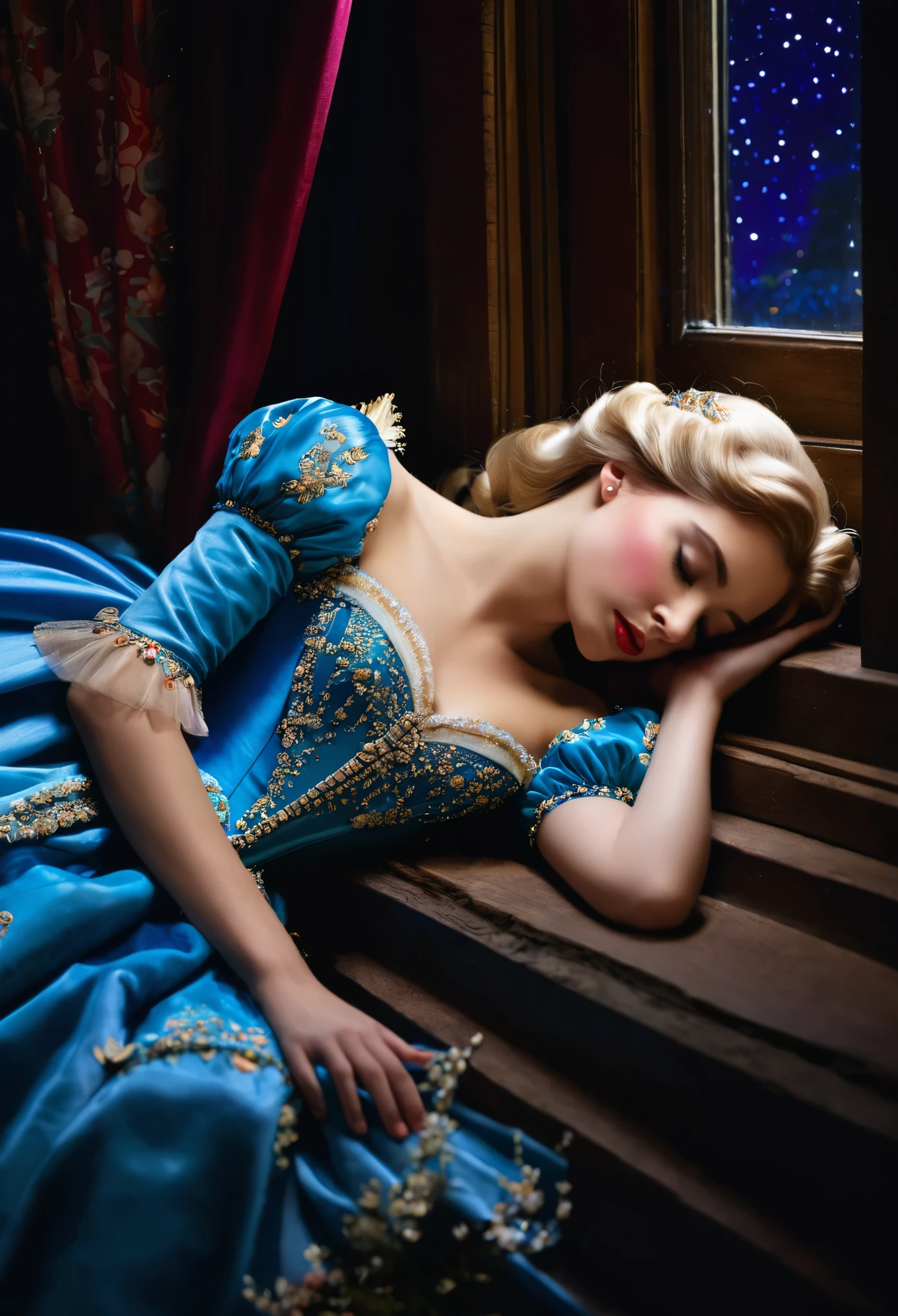 A sleeping beauty lying by the window at night