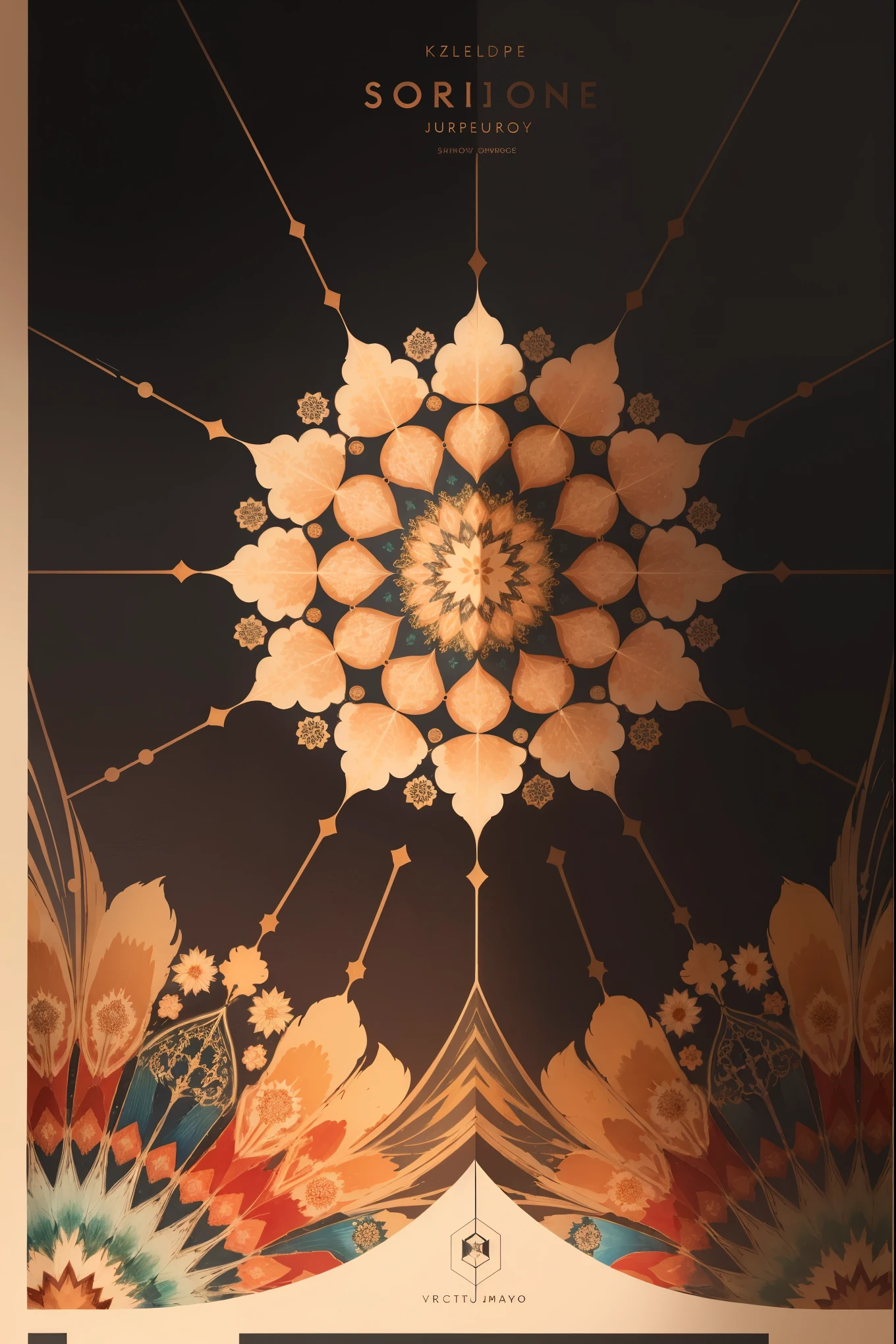cover page, Perfume poster, kaleidoscope, rzminjourney, vector-art, higher(textile)logo mark, Geometric pattern, colorful flower,