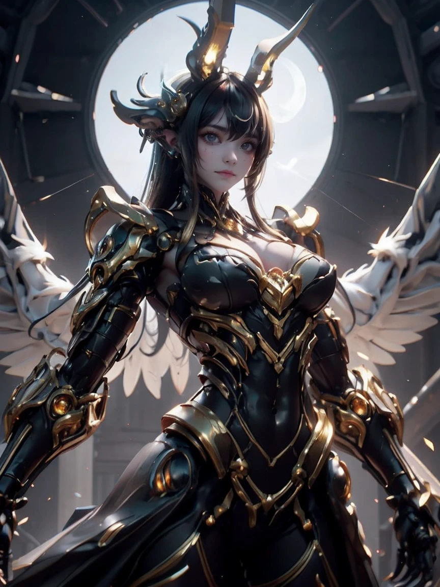 whole body, 1 girl, No face, mystery, helmet, Unicorn Horn, Glowing Wings, bodysuit,Standing,The ultimate detail expression,Ultra HD,Maximum detail display,Super detail,Clear detail,excellent quality,Super detail,excellent,Human Development Report,16K,detail,The most authentic, shiny metal, dark, leave, Dynamic Angle, detail, dramatic_shadow, ray_track, reflection,Raw, lens, (Clear focus:1.5), (lifelike:1.4), Dusk lighting, Volumetric Lighting, Ultra-high resolution, 16K,dramatic lighting,