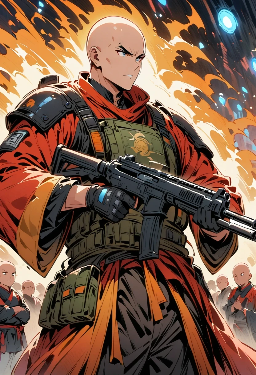 Detailed cowboy shot depicting anime style standing chinese monk. He is wearing black gloves，(bald:1.5), Dressed in tactical equipment, His hands hold the gun confidently，Directly to the audience, his eyes full of focus. His costume includes green boots, The scene is illuminated by blue lights, Create a dreamy atmosphere. The image should capture the intricate details of his clothing and expressions, Emphasis on the energetic nature of the samurai、ferocious character. The style is comic watercolor, very exciting, Blending realism with fantasy.