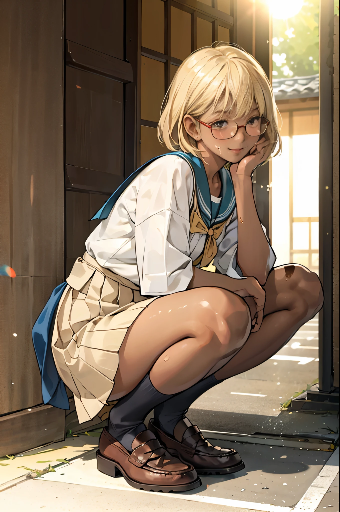 (super flat, flat shading), Honors Type, Really blushing, 17 years old, Japanese school girl, Short bob cut blonde hair, Glasses, (((sun burn dark skin))), sweaty healthy body, mesugaki smile, , bare legs, loafers, ultra realistic, early morning, squatting in crowded street,