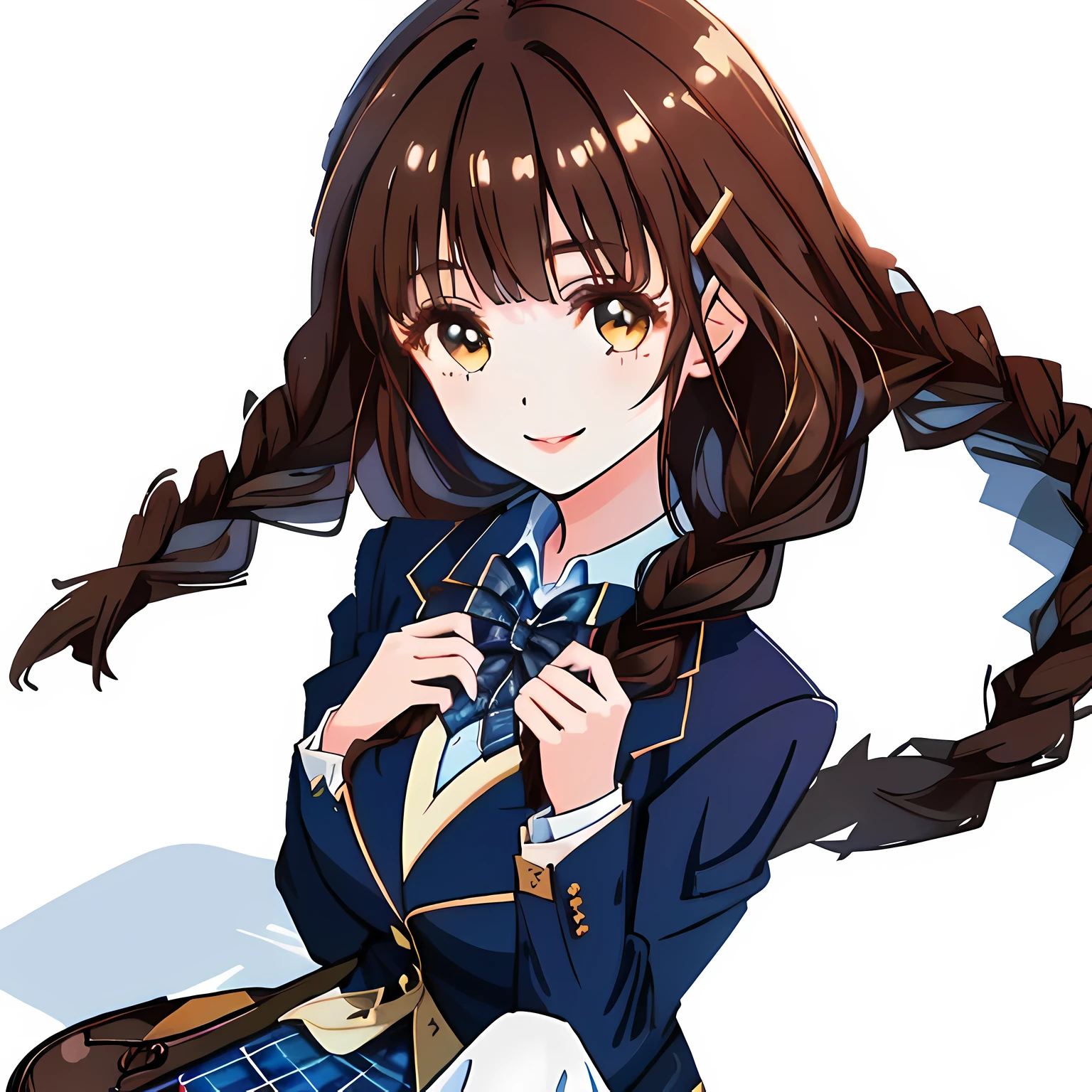highest quality, (masterpiece:1.2), High resolution, perfect pixel, very detailed,thin sharp lines, ((smooth texture:1.2)), ((only one girl)), very neat2A girl is looking at the viewer and smiling happily.!, glossy lips, Neat and nice smile, big brown eyes, (((dark brown hair))), 15 years old, big shiny hair clip, , ((Dark blue blazer with golden emblem on the left chest)), ((realistic girly large deep blue Japanese school ribbon bow tie)), very shiny hair、laughter、bright look、Both face and hair catch the light and shine, Cute braids, (((a pair of dark brown tightly braids hair style))), ((((realistic dark blue & deep navy colored tartan checkered middle long skirt)))), the skirt is very cute, brown leather shoes, white socks, Backgrounds that make girls look very cute