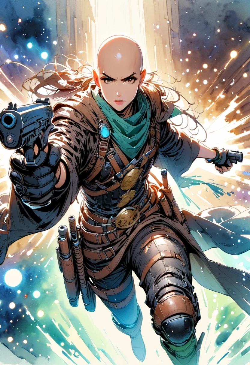 Detailed cowboy shot depicting anime style standing chinese monk. He is wearing black gloves,(bald:1.5), Wearing a Hanfu robe, His hands hold the gun confidently,Directly to the audience, his eyes full of focus. His costume includes green boots, The scene is illuminated by blue lights, Create a dreamy atmosphere. The image should capture the intricate details of his robes and expression, Emphasize that monks are energetic、Passionate character. The style is comic watercolor, very exciting, Blending realism with fantasy.