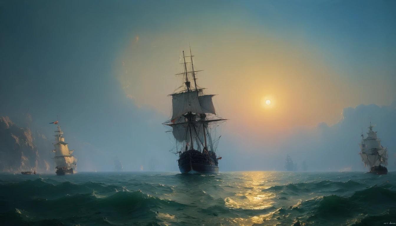 ultra-wide angle, by Ivan Aivazovsky, masterpiece, best quality, very aesthetic, perfect composition, intricate details, ultra-detailed, Professional, official art, Representative work