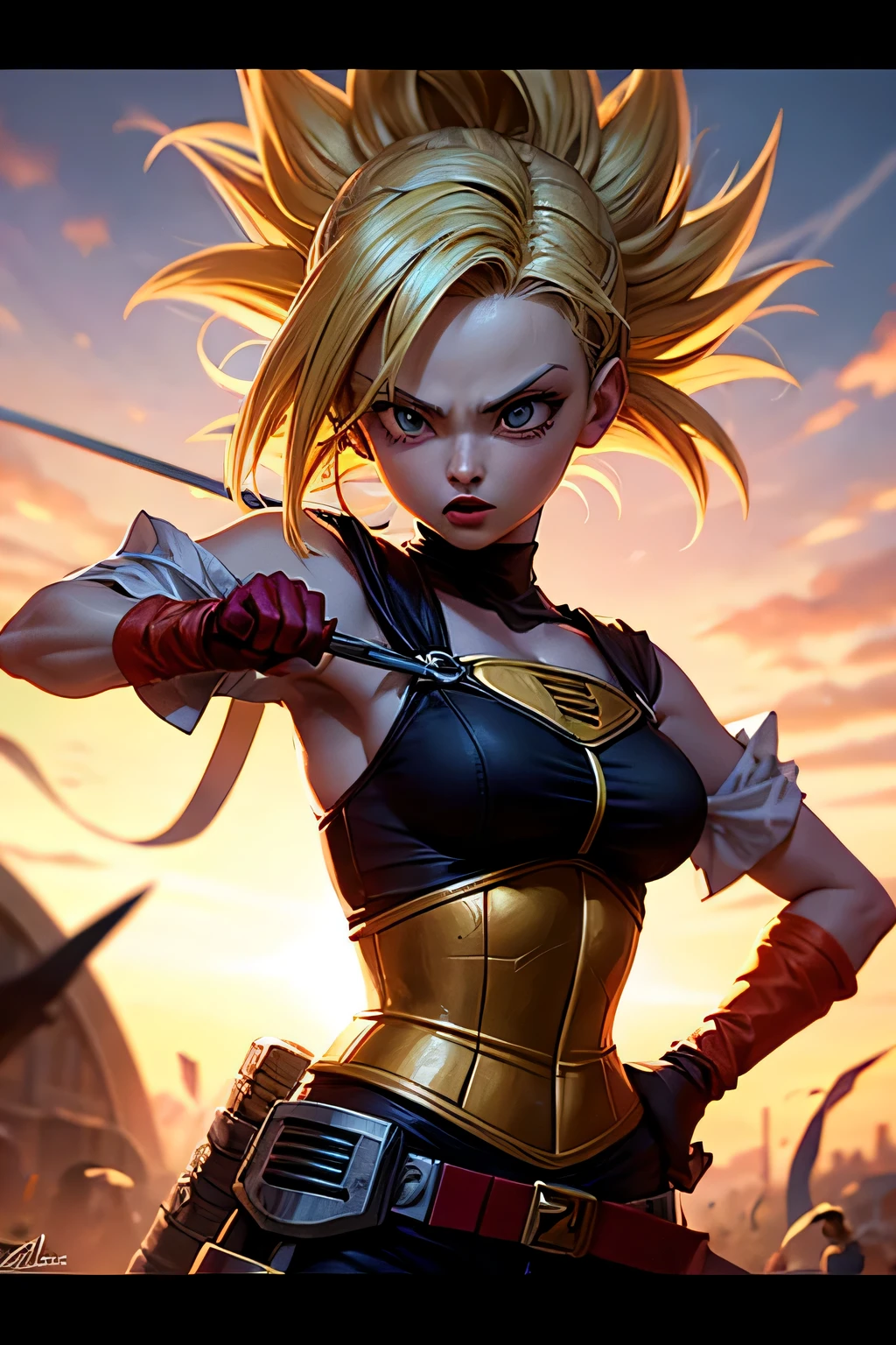 Androide18 rubia cabello corto girl dragonballz realismo,animado, girl atack con espada, esquivando ,combate en defensiva, epic ,Photography style ,fondo de pantalla HD, detallado