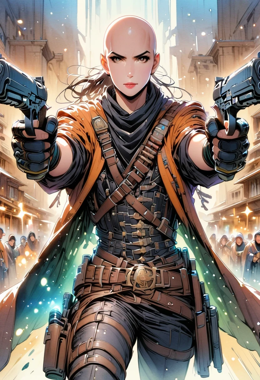 Detailed cowboy shot depicting anime style standing chinese monk. He is wearing black gloves,(bald:1.5), Wearing a Hanfu robe, His hands hold the gun confidently,Directly to the audience, his eyes full of focus. His costume includes green boots, The scene is illuminated by blue lights, Create a dreamy atmosphere. The image should capture the intricate details of his robes and expression, Emphasize that monks are energetic、Passionate character. The style is comic watercolor, very exciting, Blending realism with fantasy.