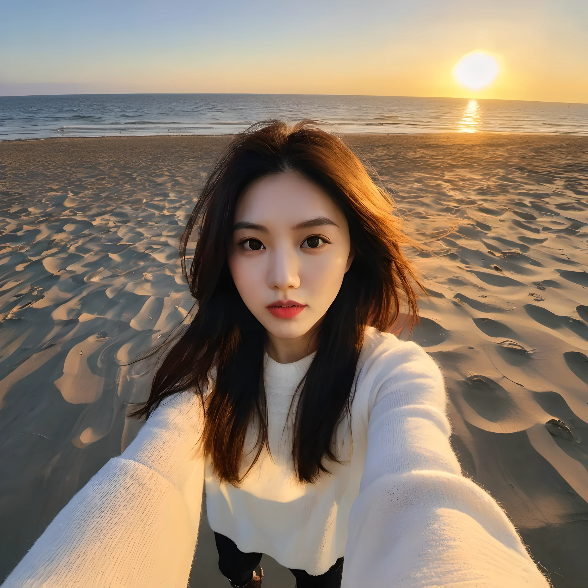 mix_girl,sunset,A woman takes a fish-eye selfie on the beach, The wind blew through her messy hair. The sea stretched behind her, Creates a stunning aesthetic and atmosphere,The rating is 1.2.,mix girl woman