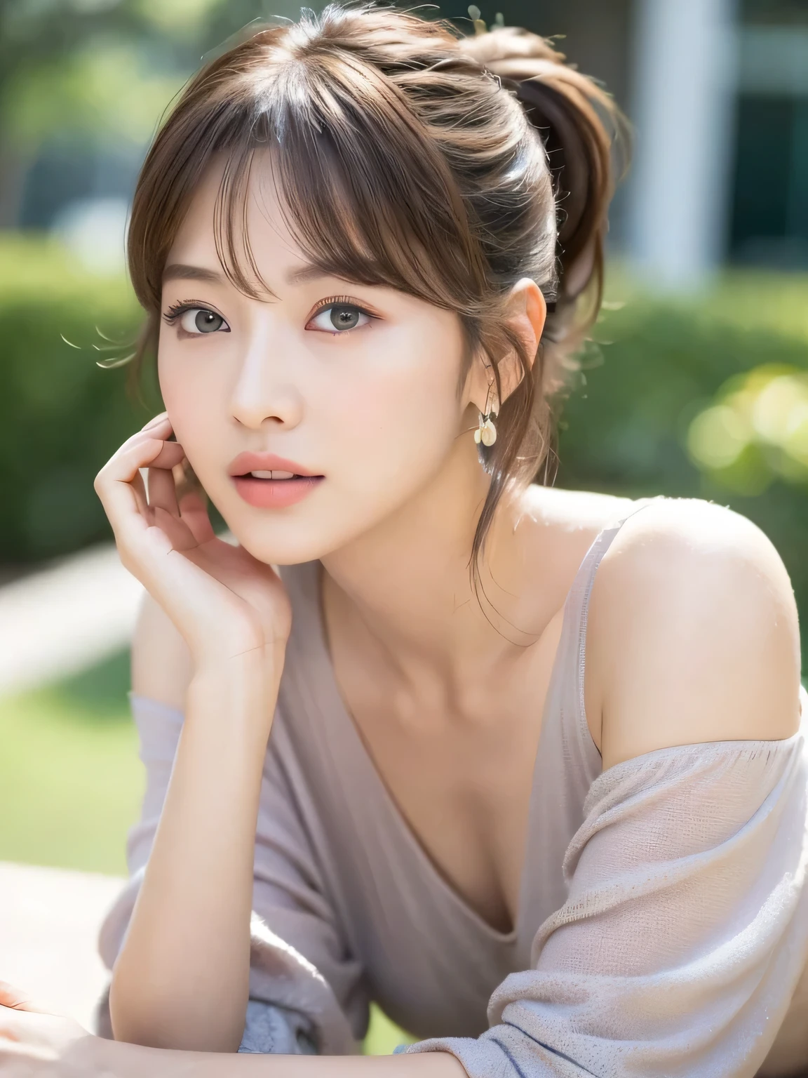 ((highest quality, 8K, masterpiece:1.3)), sharp focus:1.2, 20 year old female, (Half Japanese and half German woman), 1 person, Beautiful face with intelligence, A beautiful woman who emphasizes her supple body :1.3, 頭w:1.4, beautiful woman with perfect style:1.4, turn to the side:1.2, ((whole body, model body shape:1.2)), standing leaning against the wall, (white button shirt:1.1), white wall background:1.2, slim facial contour, The beauty of slim abs :1.2, thin waist, realistic skin texture, Fair skin, glowing skin, Fair skin, long and thin legs, super detailed face, fine eyes, double eyelid, beautiful thin eyebrows, fine long eyelashes, long slit eyes, charming brown eyes, Plump and glossy pink lips, My cheeks turned red, natural smile, beautiful teeth, beautiful small face, beautiful actress' perfect makeup, necklace, earrings, light brown delicate soft hair, (feminine medium short, ponytail :1.2), layer cut, (dull bangs:1.2), stare at the viewer with a greedy expression, dynamic lighting,
She is wearing a gold party dress made of satin fabric,
The dress has wide open shoulders and chest.、The length is short.,
(well-shaped small breasts), You can see her cute little pink areolas,
The bulge in your chest is beautiful, chest is visible,
(luxury resort garden, elegant jacuzzi, You can see the beautiful sea in the distance :1.3), blur the background,
(standing in a beautiful posture, legs open :1.5), raise your hands above your face,