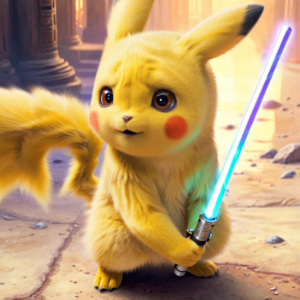 PIKACHU like a Jedi with a lightsaber, PIKACHU holding a lightsaber with both hands, delicate, impressionistic, bright, vivid, colorful, highly detailed, magnificent, heavenly, ethereal, ethereal, celestial, painterly, wonderful, magnificent, magical, fantasy art, Cover art, dreamy, watercolor ethereal fantasy concept art.