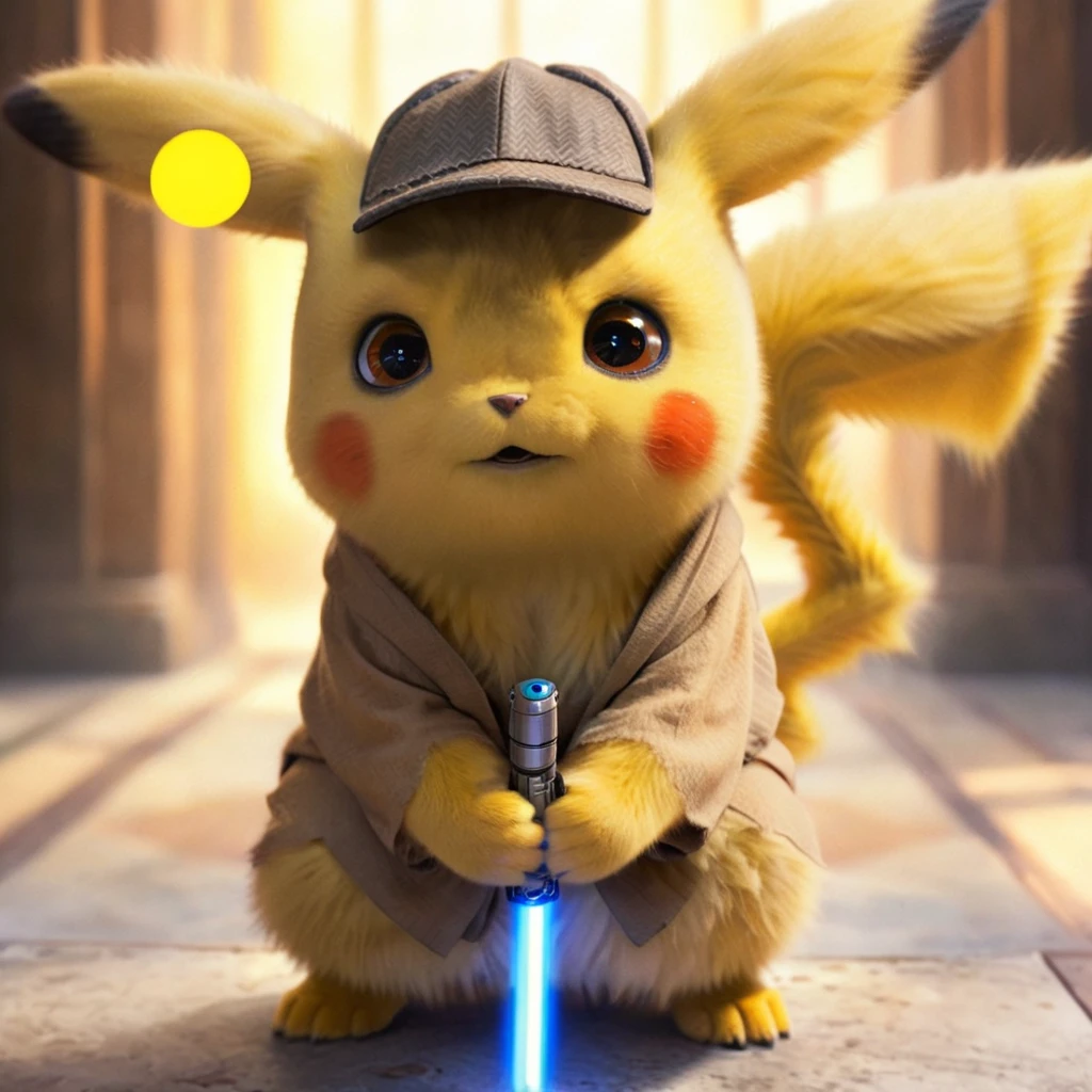 PIKACHU like a Jedi with a lightsaber, PIKACHU holding a lightsaber with both hands, delicate, impressionistic, bright, vivid, colorful, highly detailed, magnificent, heavenly, ethereal, ethereal, celestial, painterly, wonderful, magnificent, magical, fantasy art, Cover art, dreamy, watercolor ethereal fantasy concept art.