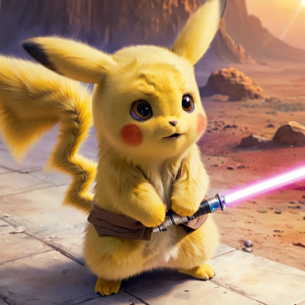 PIKACHU like a Jedi with a lightsaber, PIKACHU holding a lightsaber with both hands, delicate, impressionistic, bright, vivid, colorful, highly detailed, magnificent, heavenly, ethereal, ethereal, celestial, painterly, wonderful, magnificent, magical, fantasy art, Cover art, dreamy, watercolor ethereal fantasy concept art.