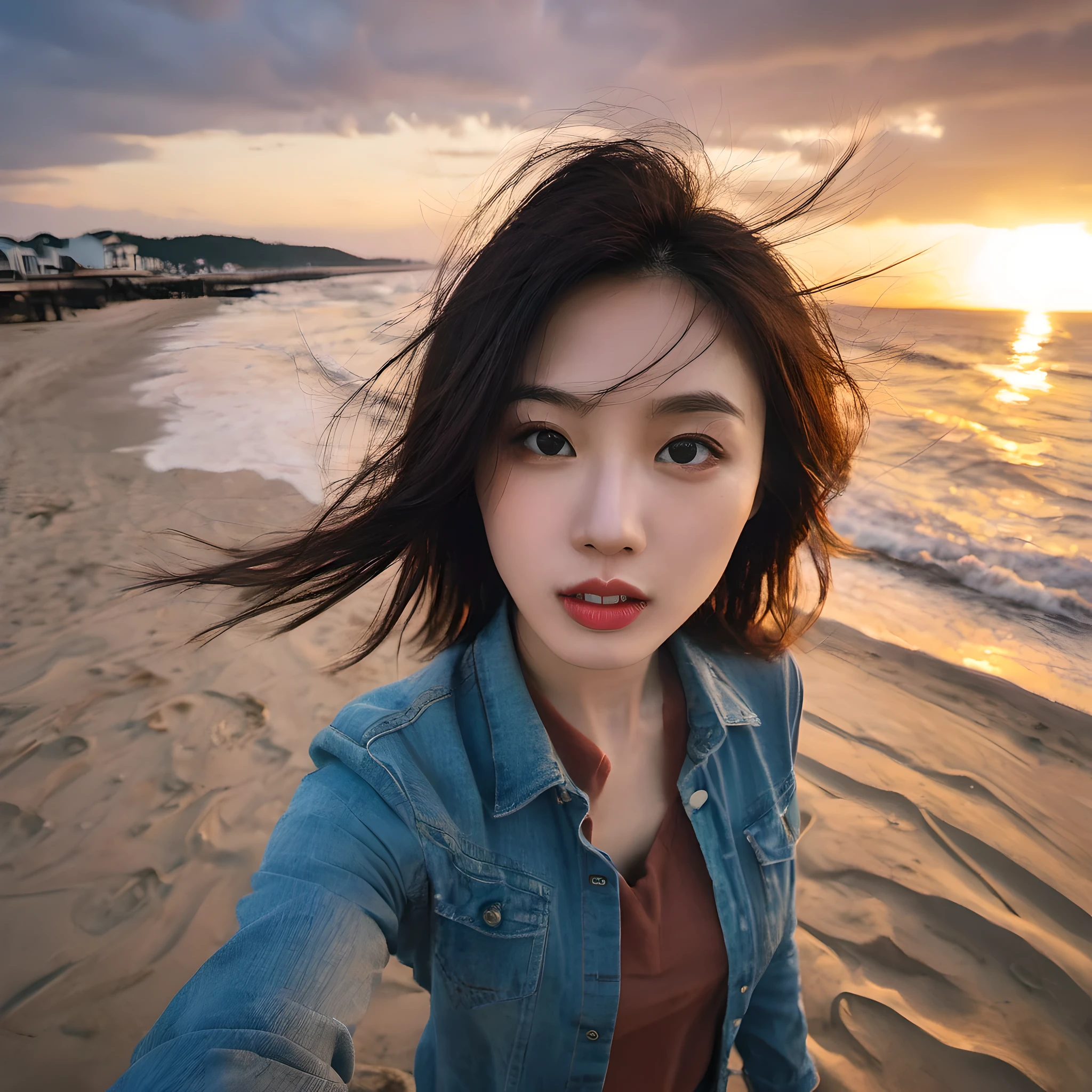 mix_girl,sunset，A woman takes a fish-eye selfie on the beach, The wind blew through her messy hair. The sea stretched behind her, Creates a stunning aesthetic and atmosphere，The rating is 1.2.,mix girl woman