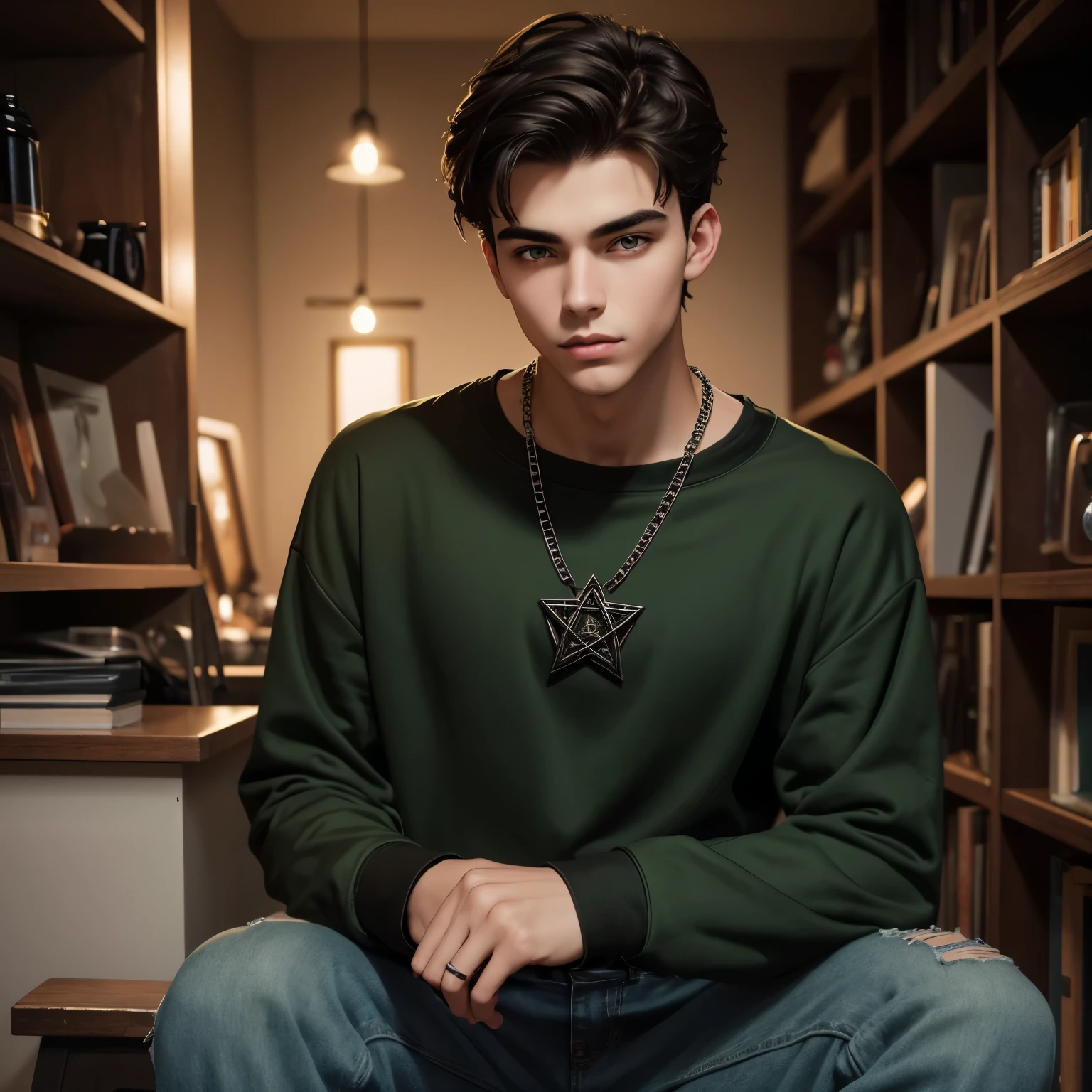 Young guy of 20 years old dark brown hair thin eyebrows and attractive lips green eyes wears a black vintage sweatshirt with jeans with a pentagram necklace with a defined muscular build 