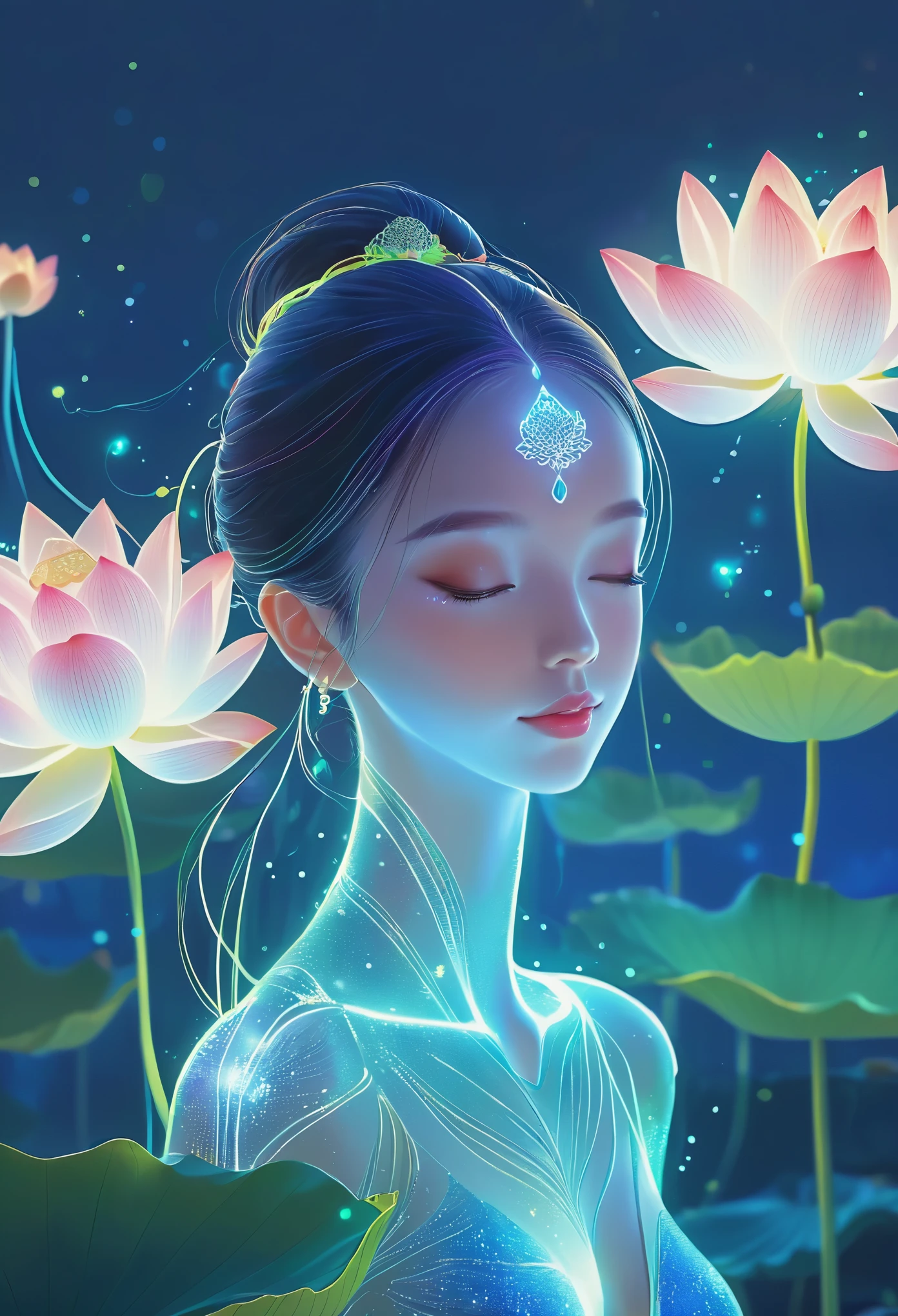 (masterpiece, best quality:1.2), In digital art style, charming illustration,peaceful picture，1 girl, beautiful eyes，tall lotus，alone，body glow，Glowing lines，fluorescence,glow example，Example tracking，flash，萤light particles，Backlight，Translucent，light particles，Correct human anatomy，