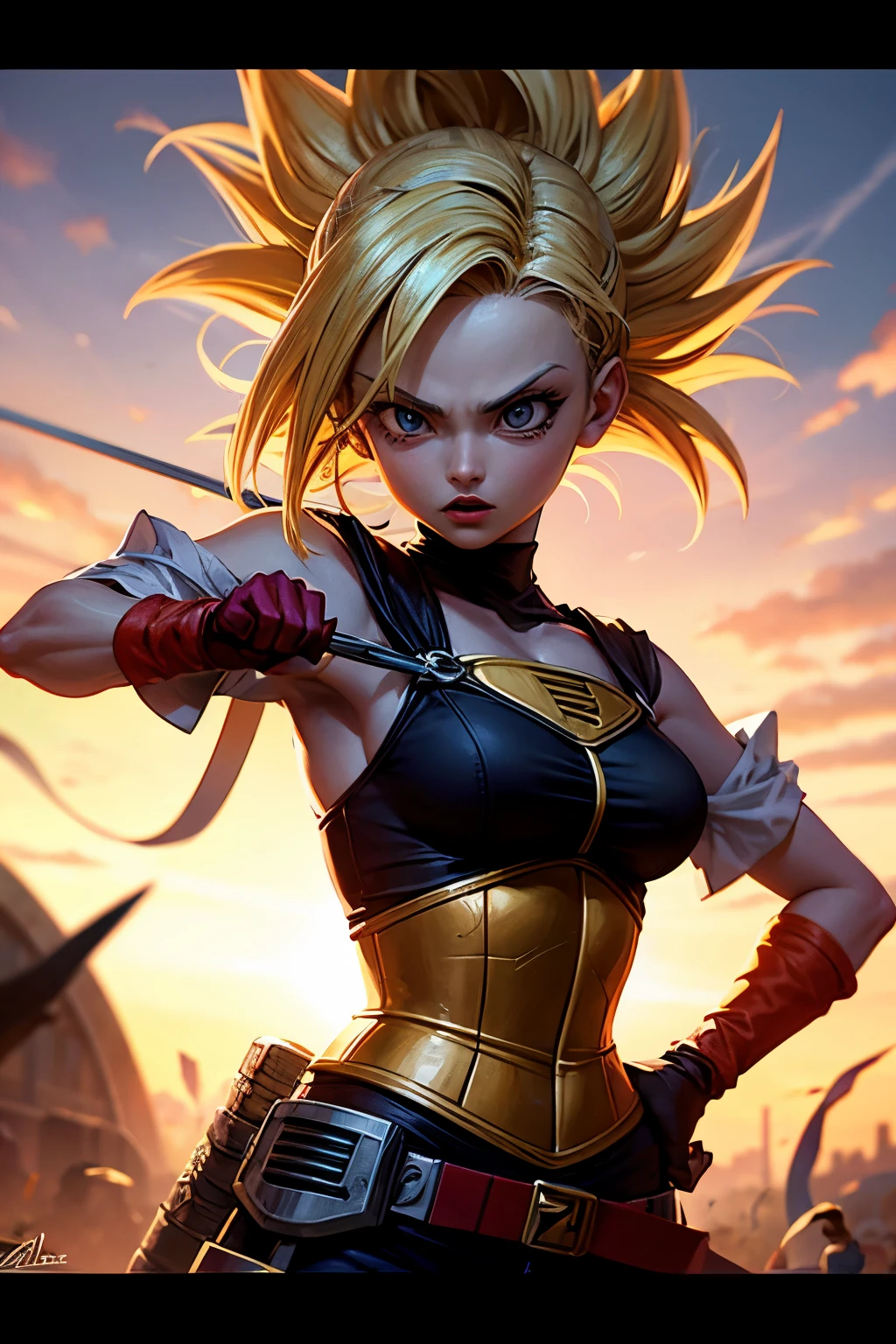 Androide18 rubia cabello corto girl dragonballz realismo,anime, girl atack con espada, esquivando ,combate en defensiva, epic ,estilo fotografia ,wallpaper hd, detallado