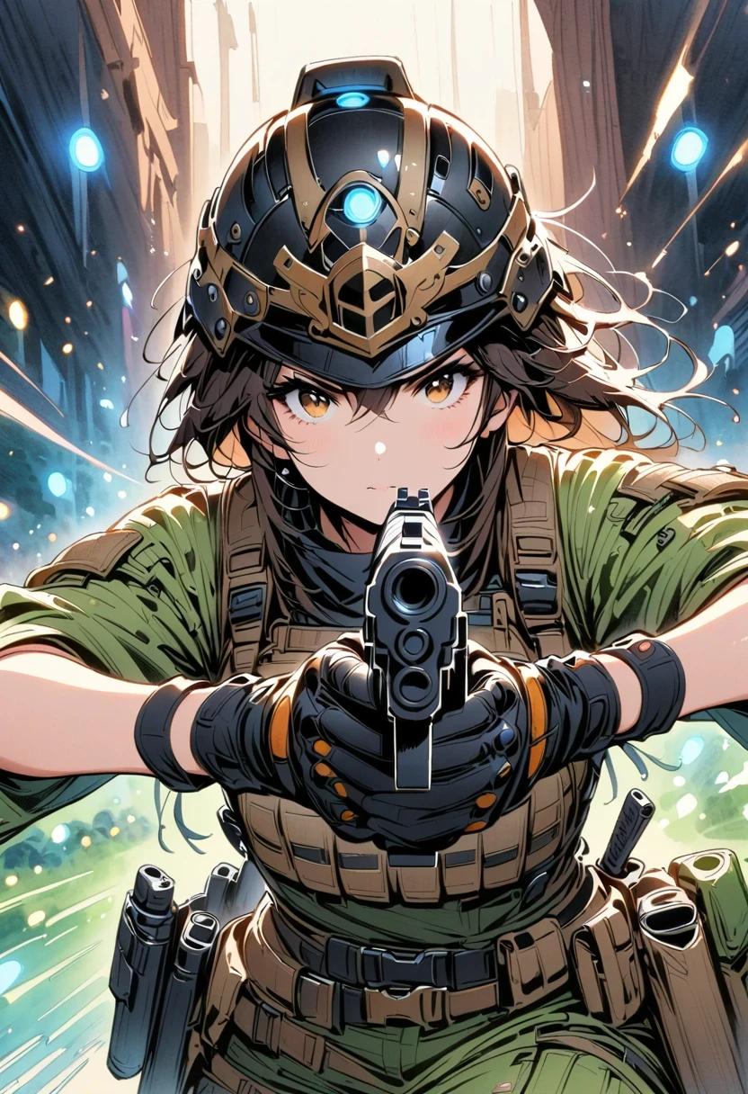 Detailed cowboy shot depicting anime style standing female warrior. She wears black gloves and helmet, Dressed in tactical equipment, Her hands confidently hold the gun,Directly to the audience, her eyes full of focus. Her outfit includes green boots, The scene is illuminated by blue lights, Create a dreamy atmosphere. The image should capture the intricate details of her outfit and expression, Emphasis on the energetic nature of the samurai、ferocious character. The style is comic watercolor, very exciting, Blending realism with fantasy.