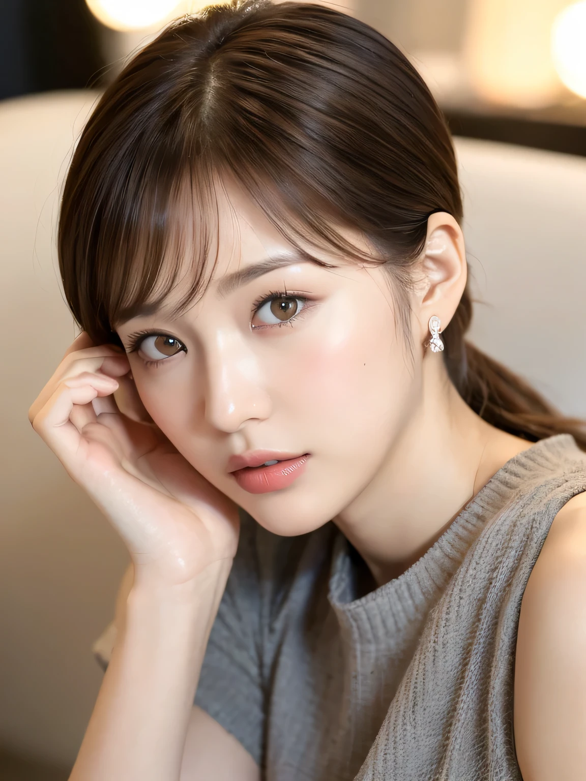 ((highest quality, 8K, masterpiece :1.3)), sharp focus：1.2, bright colors, Professional level, ((Bokeh effect)), shallow depth of field, 
20 year old female, (Half Japanese and half German woman), 1 person, Beautiful face with intelligence, 
supple body :1.3, model body shape:1.5, 頭w:1.4, perfect style：1.4, 
narrow shoulders, beautiful clavicle, long and thin legs, The beauty of slim abs :1.2, thin waist :1.2, 
super dense skin, Fair skin, shiny skin, 
super detailed face, slim facial contour, beautiful small face, beautiful nose, 
highly detailed eyes, long slit eyes, brown eyes, double eyelid, beautiful thin eyebrows, fine long eyelashes, 
plump lips, glossy pink lips, My cheeks turned red, beautiful teeth, 
beautiful actress&#39; perfect makeup, silver necklace, earrings, 
light brown hair, delicate soft hair, 
(short bob, ponytail :1.2), layer cut, (dull bangs:1.2), 
open mouth half way, fascinating look, stare at the camera, 
((sleep on your back:1.2)), (Full body image from thighs:1.2), dynamic lighting, 
