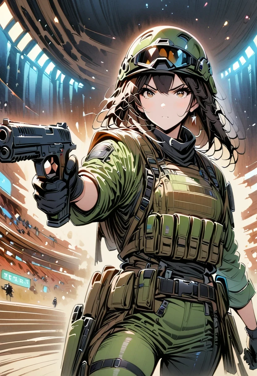 Detailed cowboy shot depicting anime style standing female warrior. She wears black gloves and helmet, Dressed in tactical equipment, Her hands confidently hold the gun,Directly to the audience, her eyes full of focus. Her outfit includes green boots, The scene is illuminated by blue lights, Create a dreamy atmosphere. The image should capture the intricate details of her outfit and expression, Emphasis on the energetic nature of the samurai、ferocious character. The style is comic watercolor, very exciting, Blending realism with fantasy.