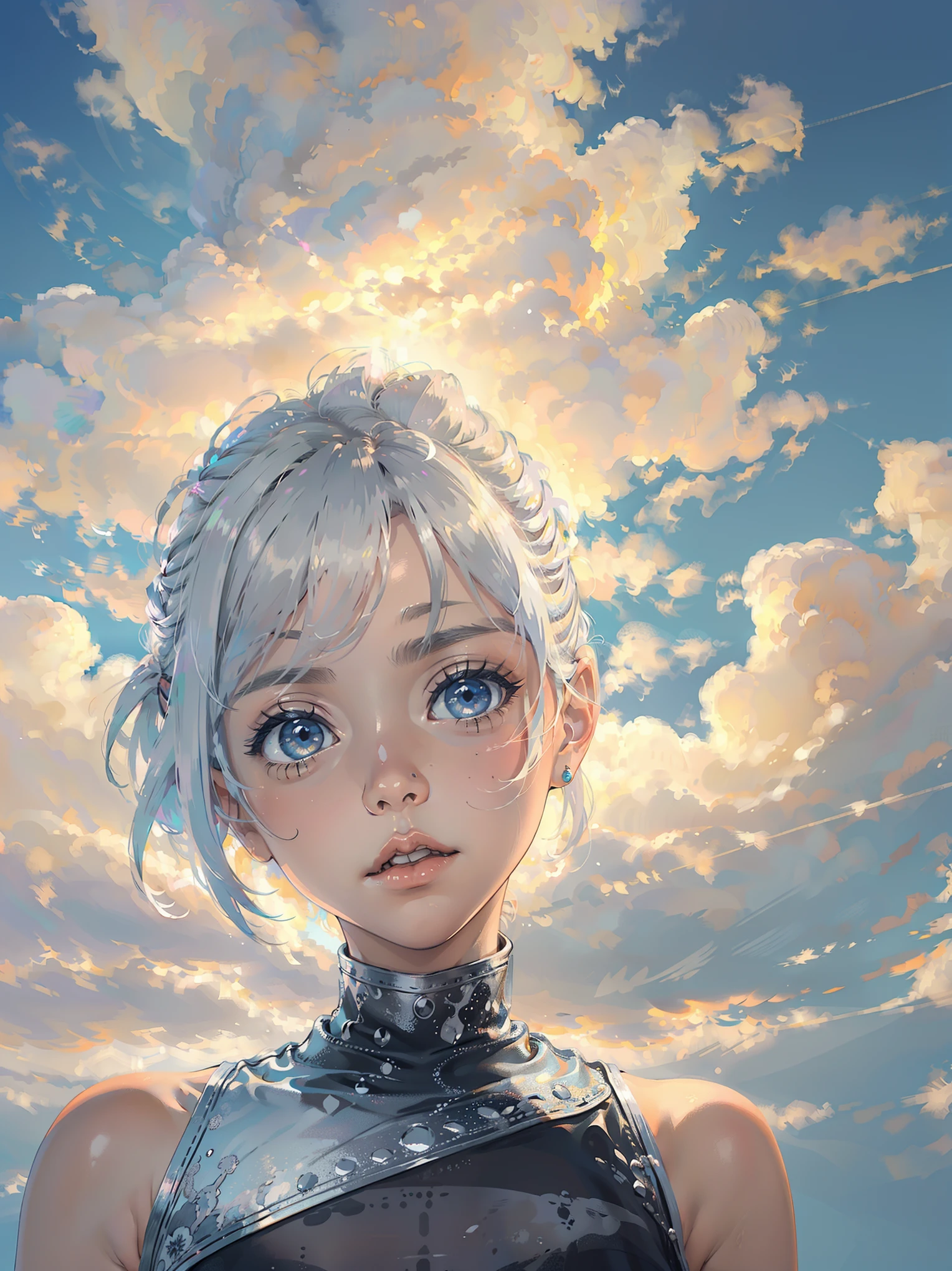 (obra maestra), (obra de arte),, (ojos detallados), (piel delicada), (ojos heterocromaticos), (multicolor), (pelo blanco corto con flequillo), (ojos chispeantes), (1 chica) usando auriculares, sentado en las nubes blancas en el cielo:1.4, obra maestra, Mejor calidad, Mejor cantante cantante, best illustration
