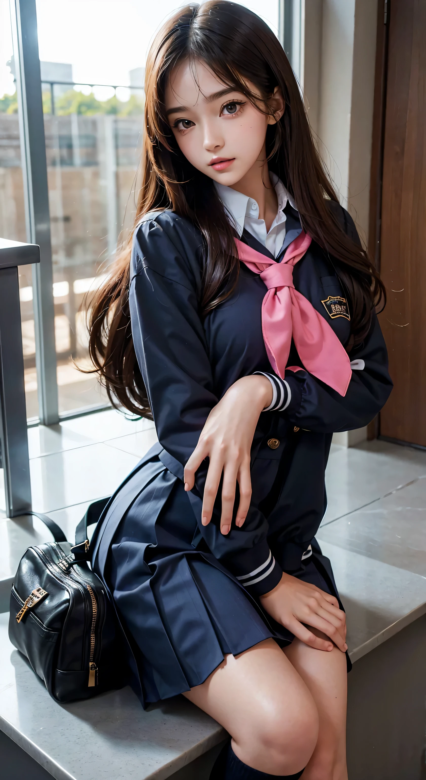Ultra pretty and lovely ager girl, ((school uniform)), ((extremely pretty and gorgeous))