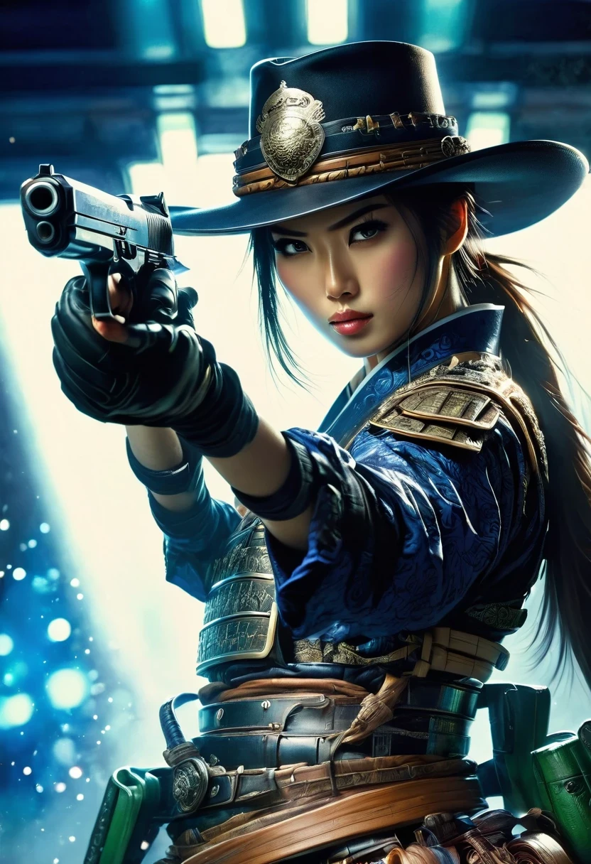 Detailed cowboy shot depicting anime style standing female warrior. She wears black gloves and helmet, Dressed in tactical equipment, Her hands confidently hold the gun，Directly to the audience, her eyes full of focus. Her outfit includes green boots, The scene is illuminated by blue lights, Create a dreamy atmosphere. The image should capture the intricate details of her outfit and expression, Emphasis on the energetic nature of the samurai、ferocious character. The style is comic watercolor, very exciting, Blending realism with fantasy.