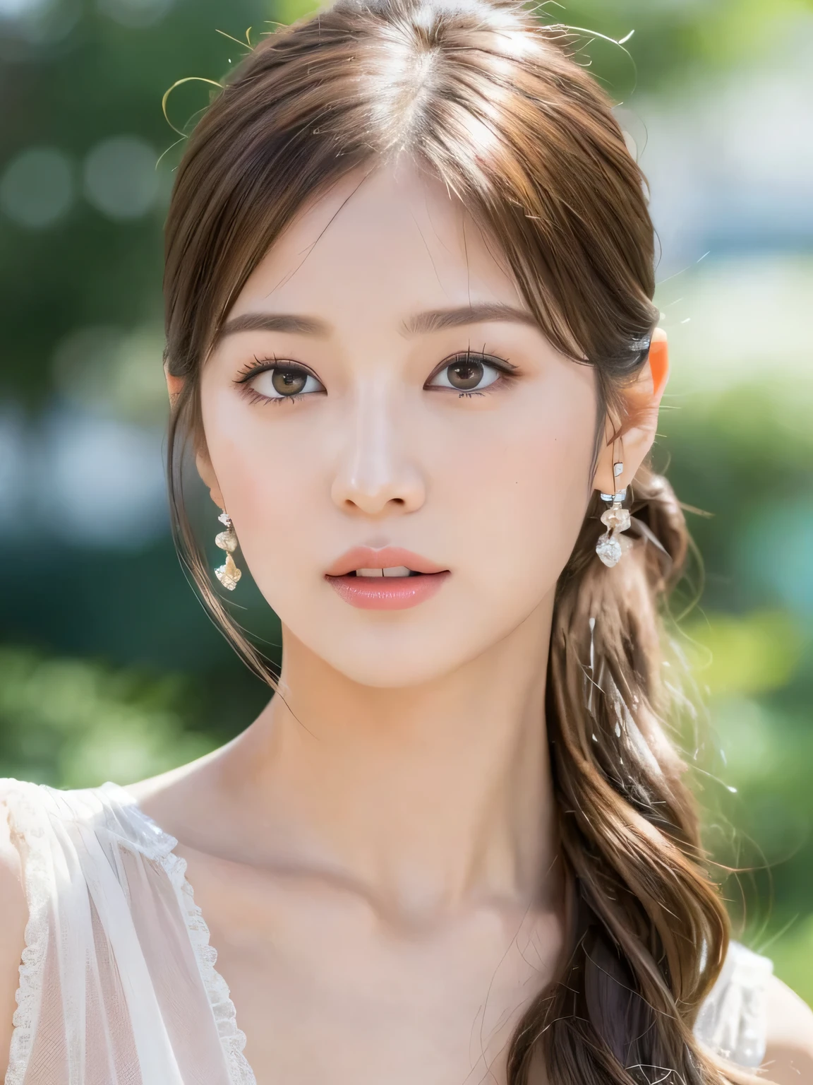 ((highest quality, 8K, masterpiece :1.3)), sharp focus:1.2, bright colors, Professional level, ((Bokeh effect)), shallow depth of field,
20 year old female, (Half Japanese and half German woman), 1 person, Beautiful face with intelligence,
supple body :1.3, model body shape:1.5, 頭w:1.4, perfect style:1.4,
narrow shoulders, beautiful clavicle, long and thin legs, The beauty of slim abs :1.2, thin waist :1.2,
super dense skin, Fair skin, shiny skin,
super detailed face, slim facial contour, beautiful small face, beautiful nose,
highly detailed eyes, long slit eyes, brown eyes, double eyelid, beautiful thin eyebrows, fine long eyelashes,
super detailed lips, plump lips, glossy pink lips, My cheeks turned red, beautiful teeth,
beautiful actress' perfect makeup, silver necklace, earrings,
light brown hair, delicate soft hair,
(short bob, ponytail :1.2), layer cut, (dull bangs:1.2),
open mouth half way, fascinating look, stare at the camera,
(Full body image from thighs:1.3), dynamic lighting,