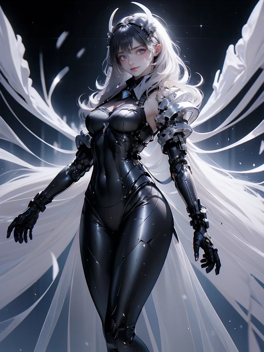 1 girl, breast, alone, horn, long hair, Albedo (Overlord), wing, large breast, skirt, Hip vents, black wing, white Gloves, Gloves, looking at the audience, black hair, white skirt, bare shoulders, hair between eyes, yellow eyes, feathered wing, demon horn, Smile, feather, devil girl, split, slit pupil, split collar, Bangs, very long hair, Keep your mouth shut, black feather, Cowboy shooting, cover navel, elbow Gloves, white horn, permanent, demon wing