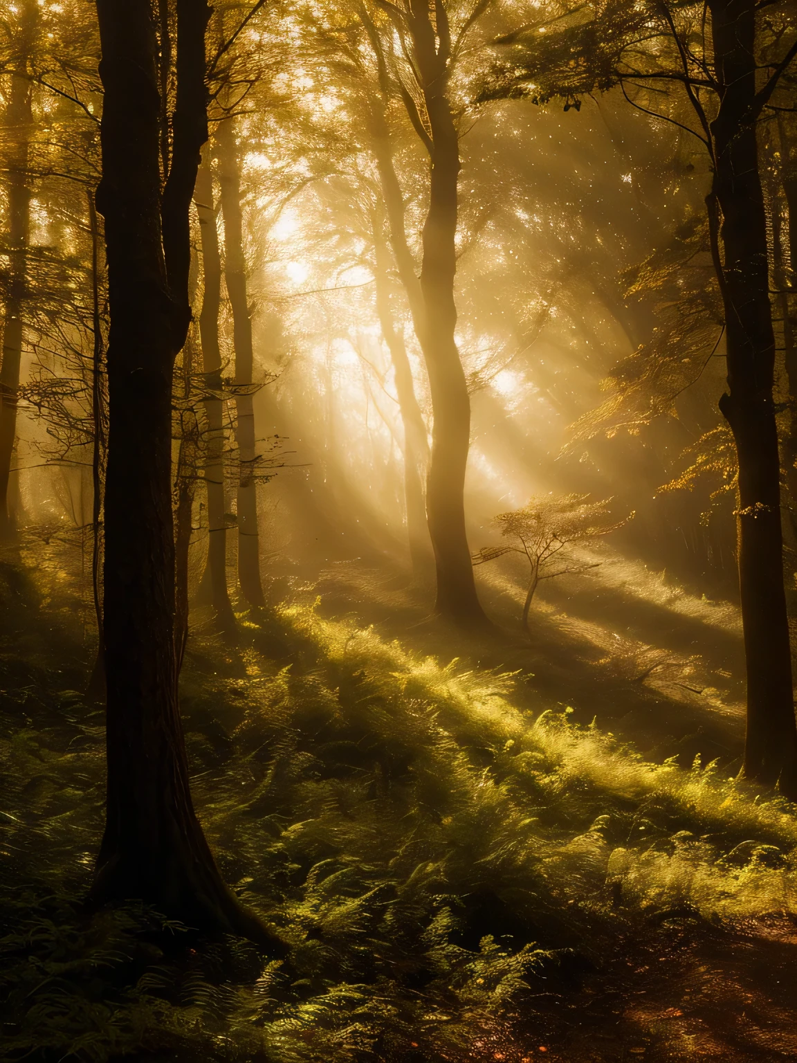 Expansividade de uma floresta encantada, mystical trees, fantastic creatures, luz dourada, magic mist, 16k, detalhes intrincados, Folhas Vivas, efeito de profundidade, Texturas realistas, Medieval film, Centro da Floresta, first-person angle,