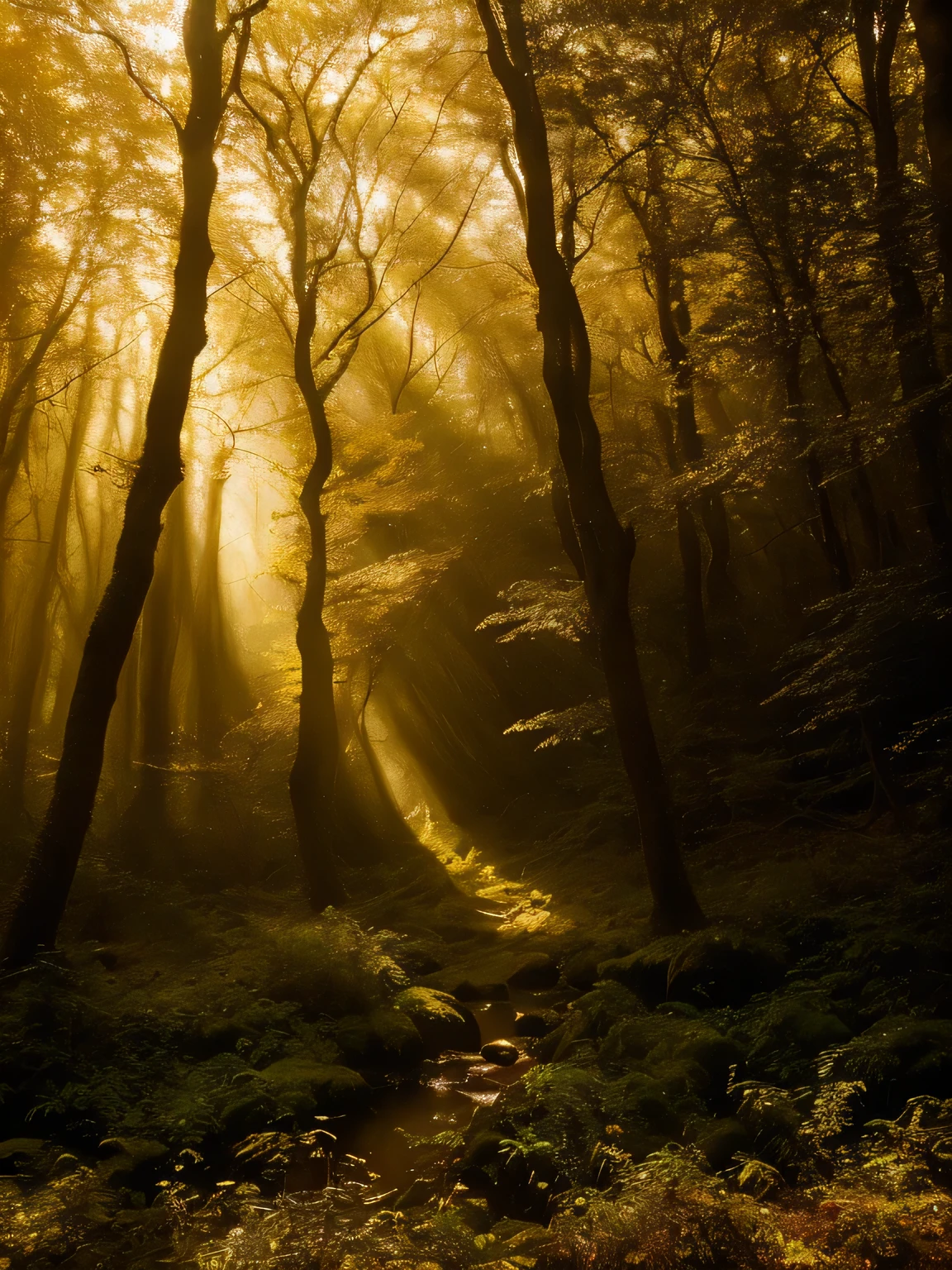 Expansividade de uma floresta encantada, mystical trees, fantastic creatures, luz dourada, magic mist, 16k, detalhes intrincados, Folhas Vivas, efeito de profundidade, Texturas realistas, Medieval film, Centro da Floresta, first-person angle,