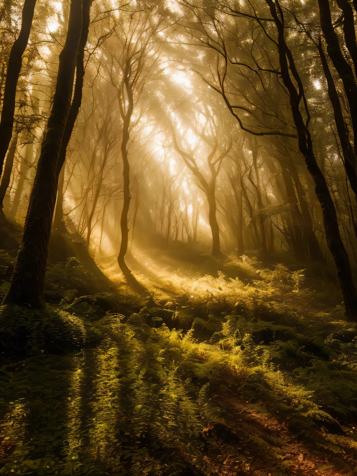 Expansividade de uma floresta encantada, mystical trees, fantastic creatures, luz dourada, magic mist, 16k, detalhes intrincados, Folhas Vivas, efeito de profundidade, Texturas realistas, Medieval film, Centro da Floresta, first-person angle,