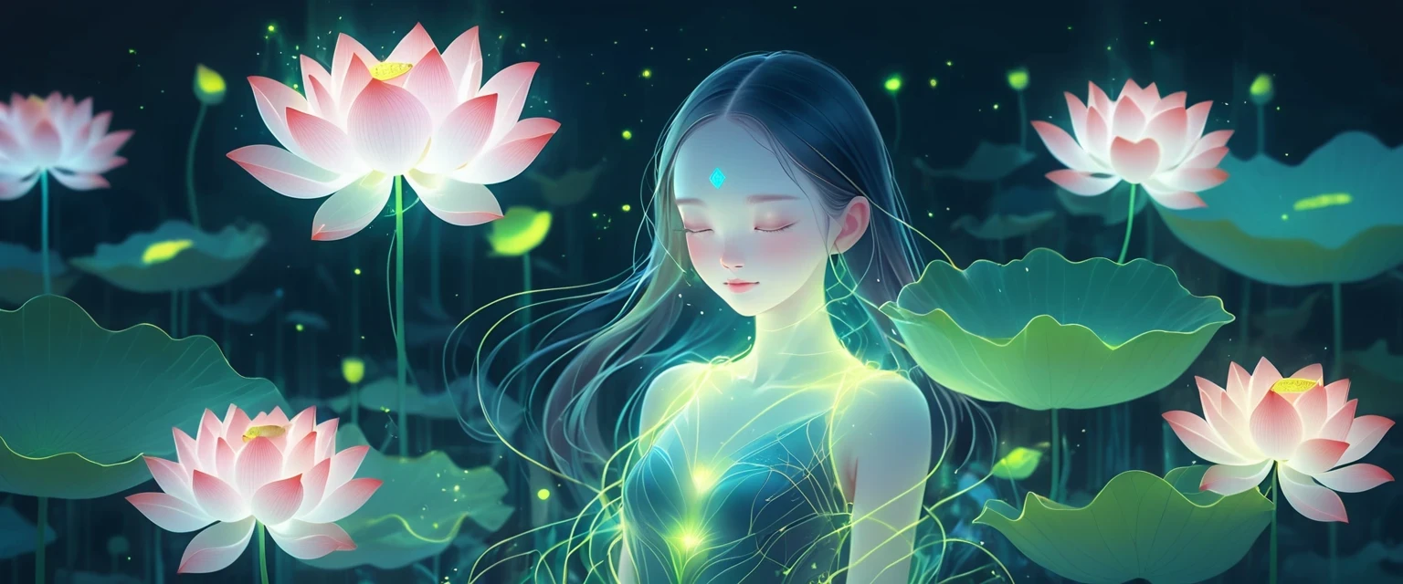 (masterpiece, best quality:1.2), digital art style, charming illustration,Peace pictures,1 girl, lotus,alone,body glow,glowing line,fluorescence,Luminous example,Tracking example,flash,萤light particles,backlight,translucent,light particles,correct human anatomy,