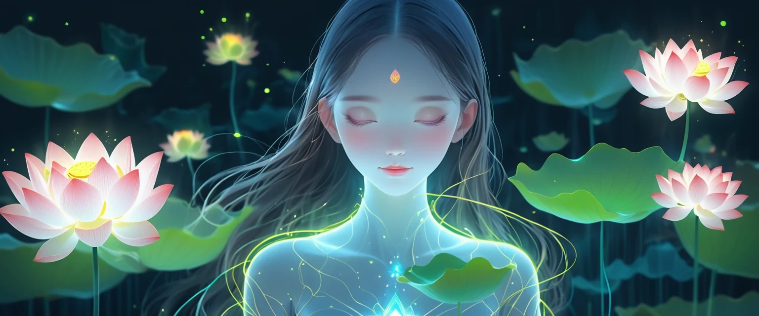 (masterpiece, best quality:1.2), digital art style, charming illustration,Peace pictures,1 girl, lotus,alone,body glow,glowing line,fluorescence,Luminous example,Tracking example,flash,萤light particles,backlight,translucent,light particles,correct human anatomy,